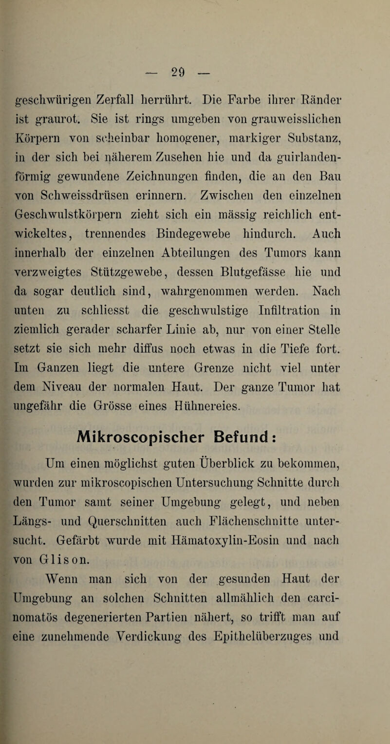 geschwürigen Zerfall herrührt. Die Farbe ihrer Ränder ist granrot. Sie ist rings umgeben von grauweisslichen Körpern yon scheinbar homogener, markiger Substanz, in der sieh bei näherem Zusehen hie und da guirlanden- förmig gewundene Zeichnungen finden, die an den Bau von Schweissdriisen erinnern. Zwischen den einzelnen Geschwulstkörpern zieht sich ein mässig reichlich ent¬ wickeltes, trennendes Bindegewebe hindurch. Auch innerhalb der einzelnen Abteilungen des Tumors kann verzweigtes Stützgewebe, dessen Blutgefässe hie und da sogar deutlich sind, wahrgenommen werden. Nach unten zu schliesst die geschwulstige Infiltration in ziemlich gerader scharfer Linie ab, nur von einer Stelle setzt sie sich mehr diffus noch etwas in die Tiefe fort. Im Ganzen liegt die untere Grenze nicht viel unter dem Niveau der normalen Haut. Der ganze Tumor hat ungefähr die Grösse eines Hühnereies. Mikroscopischer Befund: Um einen möglichst guten Überblick zu bekommen, wurden zur mikroscopischen Untersuchung Schnitte durch den Tumor samt seiner Umgebung gelegt, und neben Längs- und Querschnitten auch Flächenschnitte unter¬ sucht. Gefärbt wurde mit Hämatoxylin-Eosin und nach von Glison. Wenn man sich von der gesunden Haut der Umgebung an solchen Schnitten allmählich den carci- nomatös degenerierten Partien nähert, so trifft man auf eine zunehmende Verdickung des Epithelüberzuges und