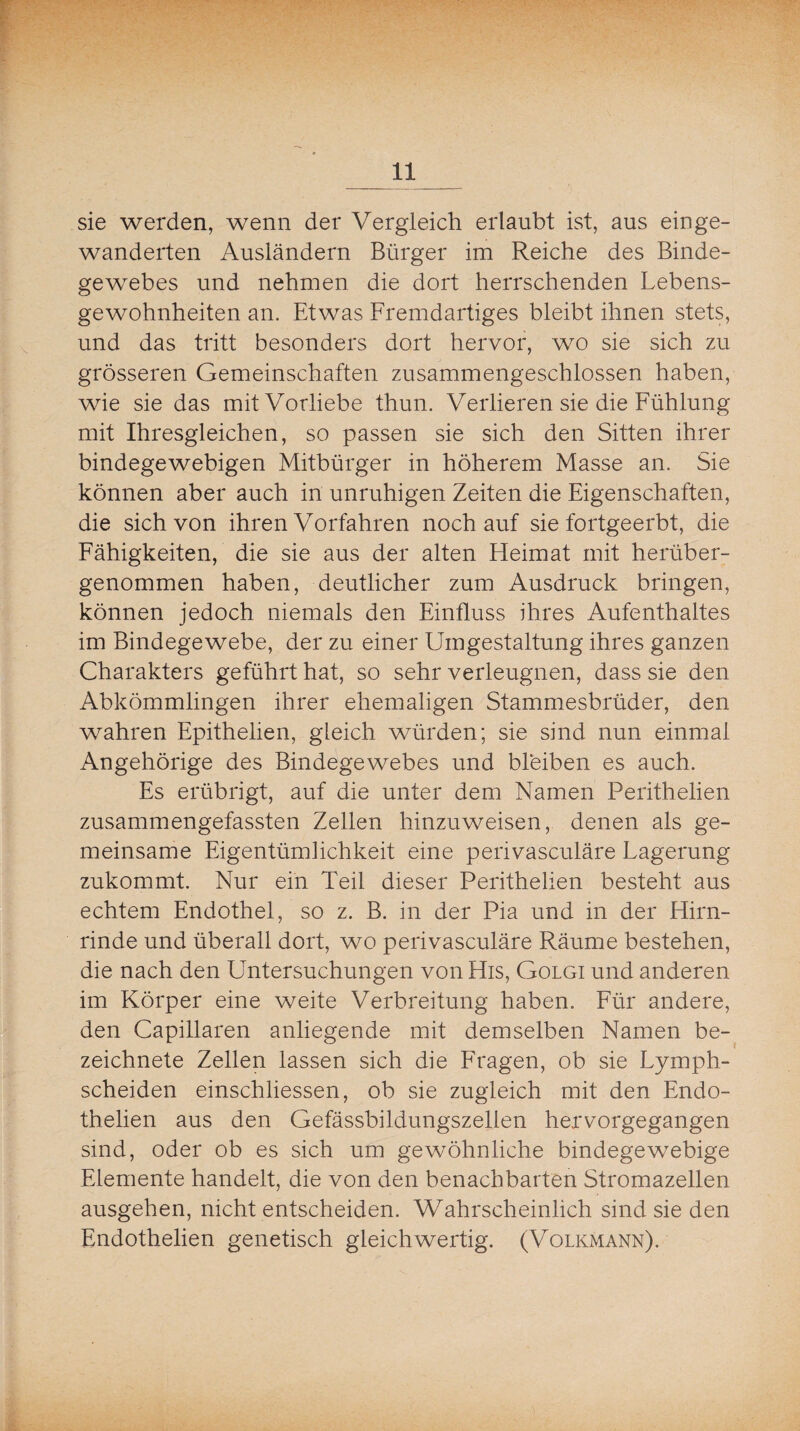 sie werden, wenn der Vergleich erlaubt ist, aus einge¬ wanderten Ausländern Bürger im Reiche des Binde¬ gewebes und nehmen die dort herrschenden Lebens¬ gewohnheiten an. Etwas Fremdartiges bleibt ihnen stets, und das tritt besonders dort hervor, wo sie sich zu grösseren Gemeinschaften zusammengeschlossen haben, wie sie das mit Vorliebe thun. Verlieren sie die Fühlung mit Ihresgleichen, so passen sie sich den Sitten ihrer bindegewebigen Mitbürger in höherem Masse an. Sie können aber auch in unruhigen Zeiten die Eigenschaften, die sich von ihren Vorfahren noch auf siefortgeerbt, die Fähigkeiten, die sie aus der alten Heimat mit herüber¬ genommen haben, deutlicher zum Ausdruck bringen, können jedoch niemals den Einfluss ihres Aufenthaltes im Bindegewebe, der zu einer Umgestaltung ihres ganzen Charakters geführt hat, so sehr verleugnen, dass sie den Abkömmlingen ihrer ehemaligen Stammesbrüder, den wahren Epithelien, gleich würden; sie sind nun einmal Angehörige des Bindegewebes und bleiben es auch. Es erübrigt, auf die unter dem Namen Perith eben zusammengefassten Zellen hinzuweisen, denen als ge¬ meinsame Eigentümlichkeit eine perivasculäre Lagerung zukommt. Nur ein Teil dieser Perithelien besteht aus echtem Endothel, so z. B. in der Pia und in der Hirn¬ rinde und überall dort, wo perivasculäre Räume bestehen, die nach den Untersuchungen von His, Golgi und anderen im Körper eine weite Verbreitung haben. Für andere, den Capillaren anliegende mit demselben Namen be- zeichnete Zellen lassen sich die Fragen, ob sie Lymph- scheiden einschliessen, ob sie zugleich mit den Endo- tbelien aus den Gefässbildungszellen hervorgegangen sind, oder ob es sich um gewöhnliche bindegewebige Elemente handelt, die von den benachbarten Stromazellen ausgehen, nicht entscheiden. Wahrscheinlich sind sie den Endothelien genetisch gleichwertig. (Volkmann).