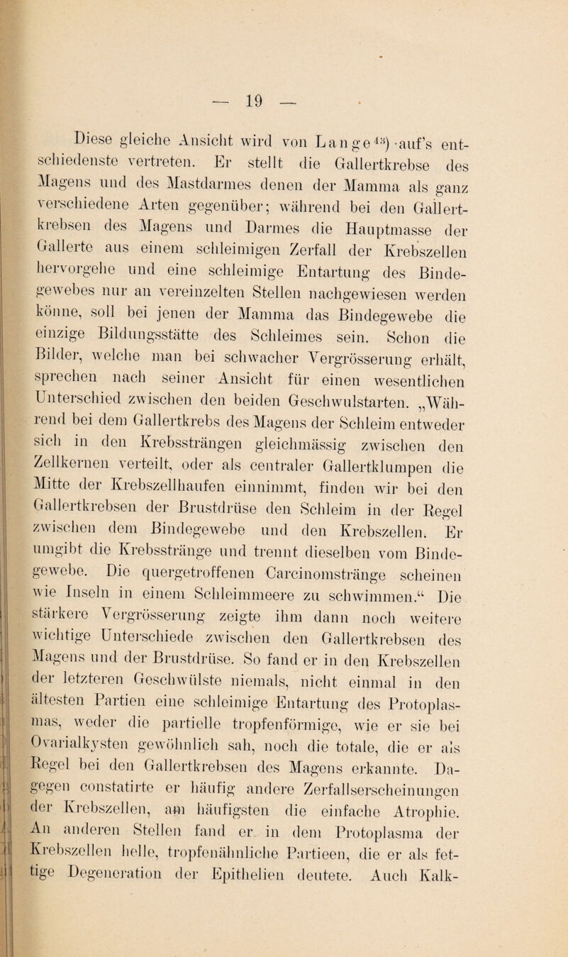 ! i ! i I i: ! - jj l Diese gleiche Ansicht wird von Lau ge4H) -auf’s ent¬ schiedenste vertreten. Er stellt die Gallertkrebse des Magens und des Mastdarmes denen der Mamma als ganz verschiedene Arten gegenüber; während bei den Gallert- krebsen des Magens und Darmes die Hauptmasse der Gallerte aus einem schleimigen Zerfall der Krebszellen hervorgehe und eine schleimige Entartung des Binde¬ gewebes nur an vereinzelten Stellen nachgewiesen werden könne, soll bei jenen der Mamma das Bindegewebe die einzige Bildungsstätte des Schleimes sein. Schon die Bilder, welche man bei schwacher Vergrösserung erhält, sprechen nach seiner Ansicht für einen wesentlichen Unterschied zwischen den beiden Geschwulstarten. „Wäh¬ rend bei dem Gallertkrebs des Magens der Schleim entweder sicli in den Krebssträngen gleichmässig zwischen den Zellkernen verteilt, oder als centraler Gallertklumpen die Mitte der Krebszell häufen einnimmt, finden wir bei den Gallertkrebsen der Brustdrüse den Schleim in der Regel zwischen dem Bindegewebe und den Krebszellen. Er umgibt die Krebsstränge und trennt dieselben vom Binde¬ gewebe. Die quergetroffenen Carcinomstränge scheinen wie Inseln in einem Schleimmeere zu schwimmen.“ Die stärkere Vergrösserung zeigte ihm dann noch weitere wichtige Unterschiede zwischen den Gallertkrebsen des Magens und der Brustdrüse. So fand er in den Krebszellen der letzteren Geschwülste niemals, nicht einmal in den ältesten Partien eine schleimige Entartung des Protoplas¬ mas, weder die partielle tropfenförmige, wie er sie bei Ovarialkysten gewöhnlich sah, noch die totale, die er als Kogel bei den Gallertkrebsen des Magens erkannte. Da¬ gegen constatirte er häufig andere Zerfallserscheinungen der Krebszellen, am häufigsten die einfache Atrophie. An anderen Stellen fand er in dem Protoplasma der Krebszellen helle, tropfen ähnliche Partieen, die er als fet¬ tige Degeneration der Epithelien deutete. Auch Kalk-