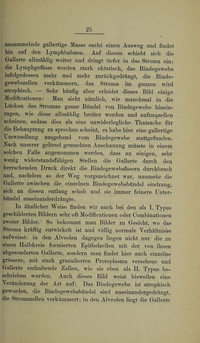 ansammelnde gallertige Masse sucht einen Ausweg und findet hin auf den Lymphbahnen. Auf diesen schiebt sich die Gallerte allmählig weiter und dringt tiefer in das Stroma ein; die Lymphgefässe werden stark ektatisch, das Bindegewebe infolgedessen mehr und mehr zurückgedrängt, die Binde¬ gewebszellen verkümmern, das Stroma im ganzen wird atrophisch. — Sehr häufig aber erleidet dieses Bild einige Modificationen: Man sieht nämlich, wie manchmal in die Lücken des Stromas ganze Bündel von Bindegewebe hinein¬ ragen, wie diese allmählig breiter werden und aufzuquellen scheinen, sodass dies als eine unwiderlegliche Thatsache für die Behauptung zu sprechen scheint, es habe hier eine gallertige Umwandlung ausgehend vom Bindegewebe stattgefunden. Nach unserer geltend gemachten Anschauung müsste in einem solchen Falle angenommen werden, dass an einigen, sehr wenig widerstandsfähigen Stellen die Gallerte durch den herrschenden Druck direkt die Bindegewebsfasern durchbrach und, nachdem so der Weg vorgezeichnet war, nunmehr die Gallerte zwischen die einzelnen Bindegewebsbündel eindrano* sich an diesen entlang schob und sie immer feinere ünter- bündel auseinanderdrängte. In ähnlicher Weise finden wir auch bei den als I. Typus geschilderten Bildern sehr oft Modificationen oder Comhinationen zweier Bilder.' So bekommt man Bilder zu Gesicht, wo das Stroma kräftig entwickelt ist und völlig normale Yerhältiiisse aufweisst: in den Alveolen dagegen liegen nicht nur die zu einen Halbkreis formierten Epithelzellen mit der von ihnen abgesonderten Gallerte, sondern man findet hier auch einzelne grössere, mit stark granulierten Protoplasma versehene und Gallerte enthaltende Zellen, wie sie oben als II. Typus be¬ schrieben wurden. Auch dieses Bild weist bisweilen eine Yeränderung der Art auf: Das Bindegewebe ist atrophisch geworden, die Bindegewebsbündel sind auseinandergedrängt, die Stromazelleh verkümmert; in den Alveolen liegt die Gallerte