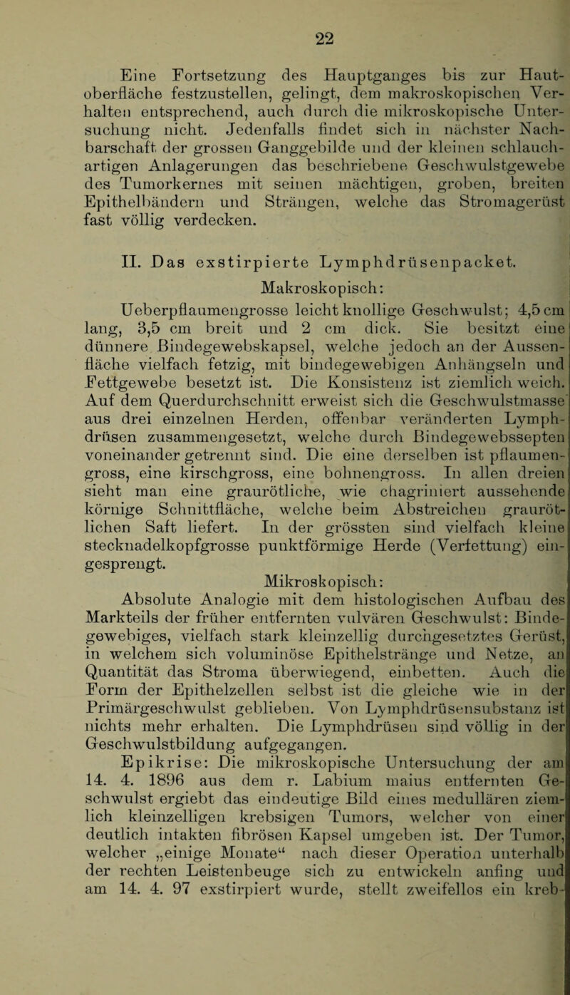 Eine Fortsetzung des Hauptganges bis zur Haut¬ oberfläche festzustellen, gelingt, dein makroskopischen Ver¬ halten entsprechend, auch durch die mikroskopische Unter¬ suchung nicht. Jedenfalls findet sich in nächster Nach¬ barschaft der grossen Ganggebilde und der kleinen schlauch¬ artigen Anlagerungen das beschriebene Geschwulstgewebe des Tumorkernes mit seinen mächtigen, groben, breiten Epithelbändern und Strängen, welche das Stromagerüst fast völlig verdecken. II. Das exstirpierte Lymphdrüsenpacket. Makroskopisch: Ueberpflaumengrosse leicht knollige Geschwulst; 4,5 cm lang, 3,5 cm breit und 2 cm dick. Sie besitzt eine dünnere ßindegewebskapsel, welche jedoch an der Aussen- fläclie vielfach fetzig, mit bindegewebigen Anhängseln und Fettgewebe besetzt ist. Die Konsistenz ist ziemlich weich. Auf dem Querdurchschnitt erweist sich die Geschwulstmasse aus drei einzelnen Herden, offenbar veränderten Lymph- drüsen zusammengesetzt, welche durch Bindegewebssepten voneinander getrennt sind. Die eine derselben ist pflaumen¬ gross, eine kirschgross, eine bohnengross. In allen dreien sieht man eine graurötliche, wie chagriniert aussehende körnige Schnittfläche, welche beim Abstreichen grauröt¬ lichen Saft liefert. In der grössten sind vielfach kleine stecknadelkopfgrosse punktförmige Herde (Verfettung) ein¬ gesprengt. Mikroskopisch: Absolute Analogie mit dem histologischen Aufbau des Markteils der früher entfernten vulvären Geschwulst: Binde¬ gewebiges, vielfach stark kleinzellig durchgesetztes Gerüst, in welchem sich voluminöse Epithelstränge und Netze, an Quantität das Stroma überwiegend, einbetten. Auch die Form der Epithelzellen selbst ist die gleiche wie in der Primärgeschwulst geblieben. Von Lymphdrüsensubstanz ist nichts mehr erhalten. Die Lymphdrüsen siiid völlig in der Geschwulstbildung aufgegangen. Epikrise: Die mikroskopische Untersuchung der am 14. 4. 1896 aus dem r. Labium maius entfernten Ge¬ schwulst ergiebt das eindeutige Bild eines medullären ziem¬ lich kleinzelligen krebsigen Tumors, welcher von einer deutlich intakten fibrösen Kapsel umgeben ist. Der Tumor, welcher „einige Monate14 nach dieser Operation unterhalb der rechten Leistenbeuge sich zu entwickeln anfing und am 14. 4. 97 exstirpiert wurde, stellt zweifellos ein kreb-