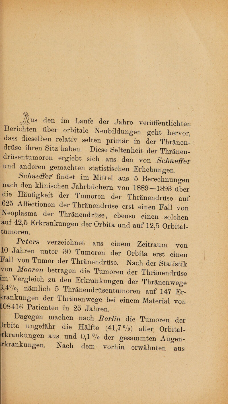 Berichten über orbitale Neubildungen geht hervor, dass dieselben relativ selten primär in der Thränen- drtise ihren Sitz haben. Diese Seltenheit der Thränen- drüsentumoren ergiebt sich aus den von Schaeffer und anderen gemachten statistischen Erhebungen. Schaeffer findet im Mittel aus 5 Berechnungen nach den klinischen Jahrbüchern von 1889—1893 über die Häufigkeit der Tumoren der Thränendrüse auf 625 Affectionen der Thränendrüse erst einen Fall von Neoplasma der Thränendrüse, ebenso einen solchen auf 42,5 Erkrankungen der Orbita und auf 12,5 Orbital¬ tumoren. Peters verzeichnet aus einem Zeitraum von 10 Jahren unter 30 Tumoren der Orbita erst einen Fall von Tumor der Thränendrüse. Nach der Statistik von Mooren betragen die Tumoren der Thränendrüse im Vergleich zu den Erkrankungen der Thränenwege 3,4'Vo, nämlich 5 Thränendrüsentumoren auf 147 Er¬ krankungen der Thränenwege bei einem Material von L08416 Patienten in 25 Jahren. Dagegen machen nach Berlin die Tumoren der )rbita ungefähr die Hälfte (41,7%) aller Orbital- «rkrankungen aus und 0,1 % der gesammten Augen- rkrankungen. Nach dem vorhin erwähnten aus