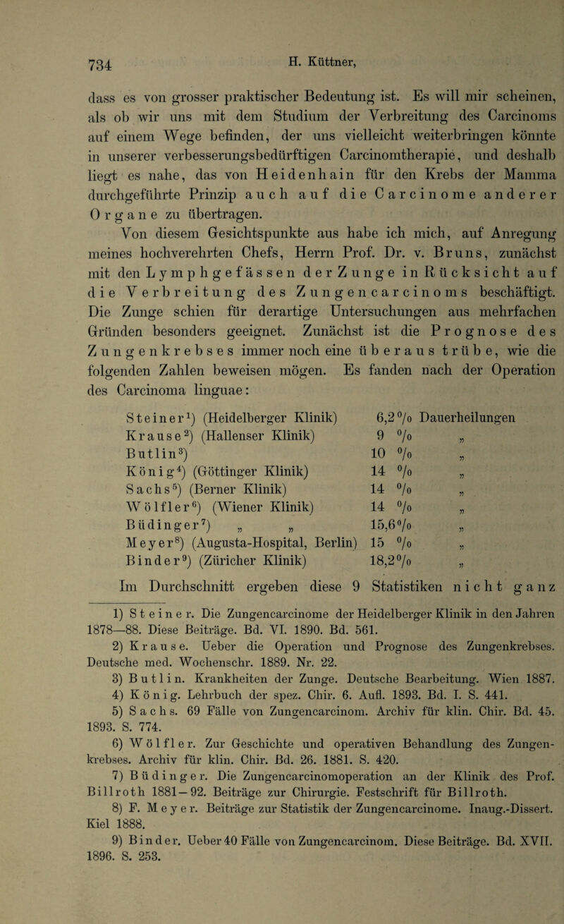 class es von grosser praktischer Bedeutung ist. Es will mir scheinen, als ob wir uns mit clem Studium cler Yerbreitung des Carcinoms auf einem Wege befinden, der uns vielleicbt weiterbringen konnte in unserer verbesserungsbediirftigen Carcinomtberapie, und deshalb lieirt es nalie, das von Heidenhain filr den Krebs der Mamma dnrchgefiihrte Prinzip a u c h auf die Carcinome anderer Organe zu iibertragen. Von cliesem Gesichtspunkte aus habe ich mich, auf Anregung meines hochverelirten Chefs, Herrn Prof. Dr. v. Bruns, zunachst mit den Lymphgefassen der Zunge inRiicksicht auf die Verbreitung des Z ungen carcinoms beschaftigt. Die Zunge schien fur derartige Untersuchungen aus mehrfachen Griinden besonclers geeignet. Zunachst ist die Prognose des Zungenkrebses immer noch eine iiberaus t r ii b e, wie die folgenden Zahlen beweisen mogen. Es fanclen nach der Operation des Carcinoma linguae: Steiner1) (Heidelberger Klinik) Krause2) (Hallenser Klinik) Butlin3) K o n i g4) (Gottinger Klinik) Sachs5 6) (Berner Klinik) W o lfler °) (Wiener Klinik) B ii d i n g e r7) „ „ Meyer8) (Augusta-Hospital, Berlin) Binder9) (Zliricher Klinik) 6,2 °/o Dauerheilungen 9 °/o 10 °/o 14 o/o 14 o/o 14 °/o 15,6 °/o „ 15 °/o 18,2 o/o Im Durchschnitt ergeben diese 9 Statistiken nicht ganz 1) Steiner. Die Zungencarcinome der Heidelberger Klinik in den Jahren 1878—88. Diese Beitrage. Bd. VI. 1890. Bd. 561. 2) Krause. Ueber die Operation und Prognose des Zungenkrebses. Deutsche med. Woclienschr. 1889. Nr. 22. 8) Butlin. Krankheiten der Zunge. Deutsche Bearbeitung. Wien 1887. 4) Konig. Lehrbuch der spez. Chir. 6. Aufl. 1898. Bd. I. S. 441. 5) Sachs. 69 Falle von Zungencarcinom. Archiv fur klin. Chir. Bd. 45. 1893. S. 774. 6) Wolfler. Zur Gescliichte und operativen Behandlung des Zungen¬ krebses. Archiv fur klin. Chir. Bd. 26. 1881. S. 420. 7) Biidinger. Die Zungencarcinomoperation an der Klinik des Prof. Billroth 1881—92. Beitrage zur Chirurgie. Festschrift fur Billroth. 8) F. M e y e r. Beitrage zur Statistik der Zungencarcinome. Inaug.-Dissert. Kiel 1888. 9) Binder. Ueber40 Falle von Zungencarcinom. Diese Beitrage. Bd. XVH. 1896. S. 253.