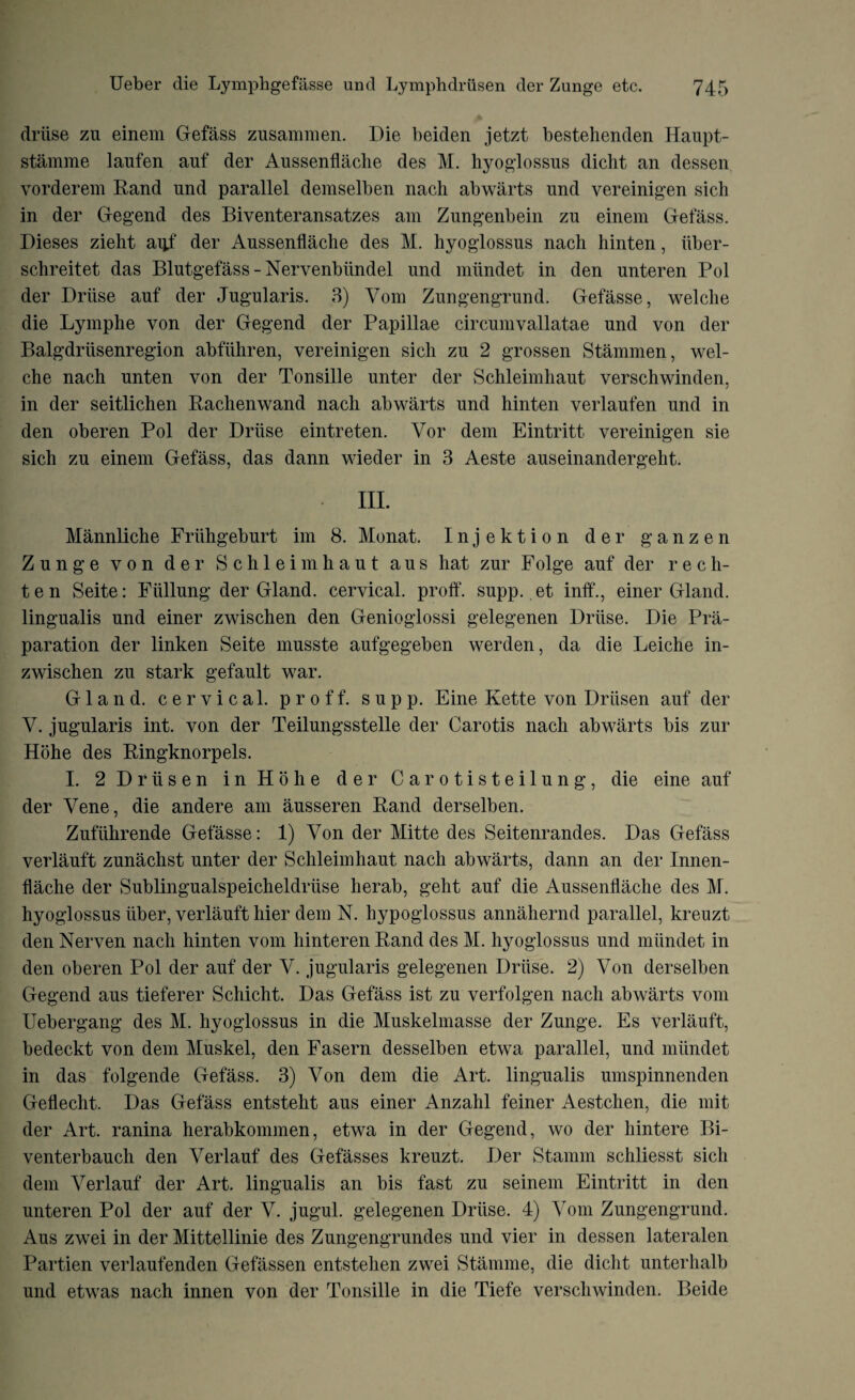 driise zu einem Gefass zusammen. Die beiden jetzt bestehenden Haupt- stamme laufen auf der Aussenflaclie des M. hyoglossus diclit an dessen vorderem Rand und parallel demselben nach abwarts und vereinigen sicli in der Gegend des Biventeransatzes am Zungenbein zu einem Gefass. Dieses zieht aijf der Aussenflaclie des M. hyoglossus nach hinten, iiber- schreitet das Blutgefass - Nervenbiindel und miindet in den unteren Pol der Driise auf der Jugularis. 3) Vom Zungengrund. Gefasse, welche die Lymphe yon der Gegend der Papillae circumvallatae und von der Balgdriisenregion abfiihren, vereinigen sich zu 2 grossen Stammen, wel¬ che nach unten von der Tonsille unter der Schleimhaut verschwinden, in der seitlichen Rachenwand nach abwarts und hinten verlaufen und in den oberen Pol der Driise eintreten. Vor dem Eintritt vereinigen sie sich zu einem Gefass, das dann wieder in 3 Aeste auseinandergeht. III. Mannliche Friihgeburt im 8. Monat. Injektion der ganzen Zunge von der Schleimhaut aus hat zur Folge auf der rech- t e n Seite: Fiillung der Gland, cervical, proff. supp. et inff., einer Gland, lingualis und einer zwischen den Genioglossi gelegenen Driise. Die Pre¬ paration der linken Seite musste aufgegeben werden, da die Leiche in- zwischen zu stark gefault war. Gland, cervical, proff. supp. Eine Kette von Driisen auf der V. jugularis int. von der Teilungsstelle der Carotis nach abwarts bis zur Hohe des Ringknorpels. I. 2Driisen in Hohe der Carotisteilung, die eine auf der Yene, die andere am ausseren Rand derselben. Zufiihrende Gefasse: 1) Von der Mitte des Seitenrandes. Das Gefass verlauft zunachst unter der Schleimhaut nach abwarts, dann an der Innen- flache der Sublingualspeicheldriise herab, geht auf die Aussenflaclie des M. hyoglossus liber, verlauft hier dem N. hypoglossus annahernd parallel, kreuzt den Nerven nach hinten vom hinteren Rand des M. hyoglossus und miindet in den oberen Pol der auf der V. jugularis gelegenen Driise. 2) Von derselben Gegend aus tieferer Schicht. Das Gefass ist zu verfolgen nach abwarts vom Uebergang des M. hyoglossus in die Muskelmasse der Zunge. Es verlauft, bedeckt von dem Muskel, den Fasern desselben etwa parallel, und miindet in das folgende Gefass. 3) Von dem die Art. lingualis umspinnenden Geflecht. Das Gefass entsteht aus einer Anzahl feiner Aestchen, die mit der Art. ranina herabkommen, etwa in der Gegend, wo der hintere Bi- venterbauch den Verlauf des Gefasses kreuzt. Der Stamm schliesst sich dem Verlauf der Art. lingualis an bis fast zu seinem Eintritt in den unteren Pol der auf der V. jugul. gelegenen Driise. 4) Vom Zungengrund. Aus zwei in der Mittellinie des Zungengrundes und vier in dessen lateralen Partien verlaufenden Gefassen entstelien zwei Stamme, die diclit unterhalb und etwas nach innen von der Tonsille in die Tiefe verschwinden. Beide