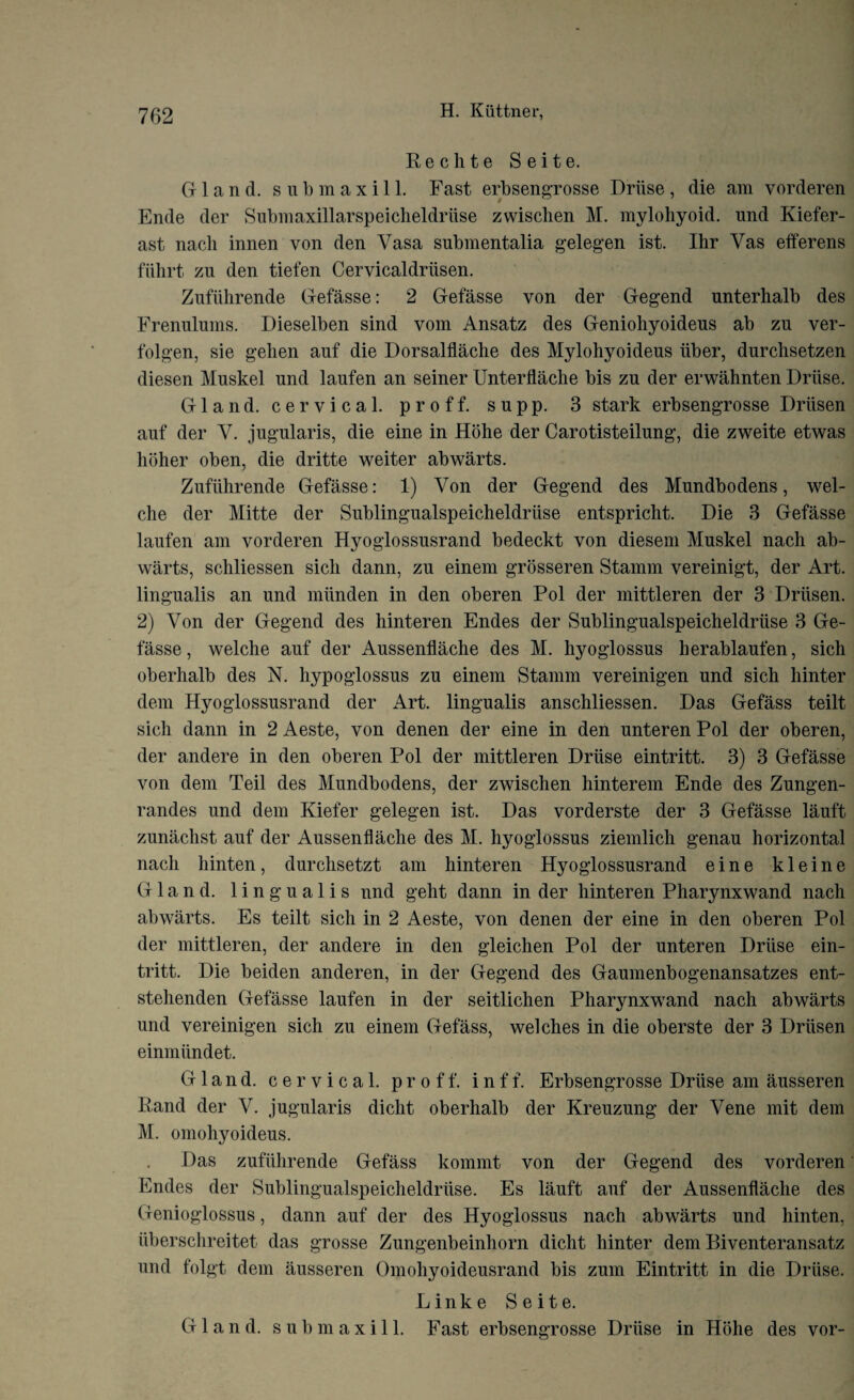 R, e c li t e S e i t e. (Hand, sub max ill. Fast erbsengrosse Driise , die am vorderen Ende der Submaxillarspeicheldriise zwischen M. mylohyoid, und Kiefer- ast nacli innen von den Vasa submentalia gelegen ist. Ihr Vas efferens fiihrt zu den tiefen Cervicaldriisen. Zufiihrende Gefasse: 2 Gefasse von der Gegend unterhalb des Frenulums. Dieselben sind vom Ansatz des Geniohyoideus ab zu ver- folgen, sie gelien auf die Dorsalflache des Mylohyoideus iiber, durchsetzen diesen Muskel und laufen an seiner Unterflache bis zu der erwahnten Driise. Gland, cervical, proff. supp. 3 stark erbsengrosse Driisen auf der V. jugularis, die eine in Hohe der Carotisteilung, die zweite etwas holier oben, die dritte weiter abwarts. Zufiihrende Gefasse: 1) Von der Gegend des Mundbodens, wel- che der Mitte der Sublingualspeicheldriise entspricht. Die 3 Gefasse laufen am vorderen Hyoglossusrand bedeckt von diesem Muskel nach ab¬ warts, schliessen sich dann, zu einem grosseren Stamm vereinigt, der Art. lingualis an und miinden in den oberen Pol der mittleren der 3 Driisen. 2) Von der Gegend des hinteren Endes der Sublingualspeicheldriise 3 Ge¬ fasse, welche auf der Aussenflache des M. hyoglossus herablaufen, sich oberhalb des N. hypoglossus zu einem Stamm vereinigen und sich hinter deni Hyoglossusrand der Art. lingualis anschliessen. Das Gefass teilt sich dann in 2 Aeste, von denen der eine in den unteren Pol der oberen, der andere in den oberen Pol der mittleren Driise eintritt. 3) 3 Gefasse von deni Teil des Mundbodens, der zwischen liinterem Ende des Zungen- randes und dem Kiefer gelegen ist. Das vorderste der 3 Gefasse lauft zunachst auf der Aussenflache des M. hyoglossus ziemlich genau horizontal nach hinten, durclisetzt am hinteren Hyoglossusrand eine kleine Gland, lingualis und geht dann in der hinteren Pharynxwand nach abwarts. Es teilt sich in 2 Aeste, von denen der eine in den oberen Pol der mittleren, der andere in den gleichen Pol der unteren Driise ein¬ tritt. Die beiden anderen, in der Gegend des Gaumenbogenansatzes ent- stehenden Gefasse laufen in der seitlichen Pharynxwand nach abwarts und vereinigen sich zu einem Gefass, welches in die oberste der 3 Driisen einmiindet. Gland, cervical, proff. i n f f. Erbsengrosse Driise am ausseren Hand der V. jugularis diclit oberhalb der Kreuzung der Vene mit dem M. omohyoideus. Das zufiihrende Gefass kommt von der Gegend des vorderen Endes der Sublingualspeicheldriise. Es lauft auf der Aussenflache des Genioglossus, dann auf der des Hyoglossus nach abwarts und hinten, iiberschreitet das grosse Zungenbeinhorn dicht hinter dem Biventeransatz und folgt dem ausseren Omohyoideusrand bis zum Eintritt in die Driise. Linke Seite. Gland, s u b m a x i 11. Fast erbsengrosse Driise in Hohe des vor-