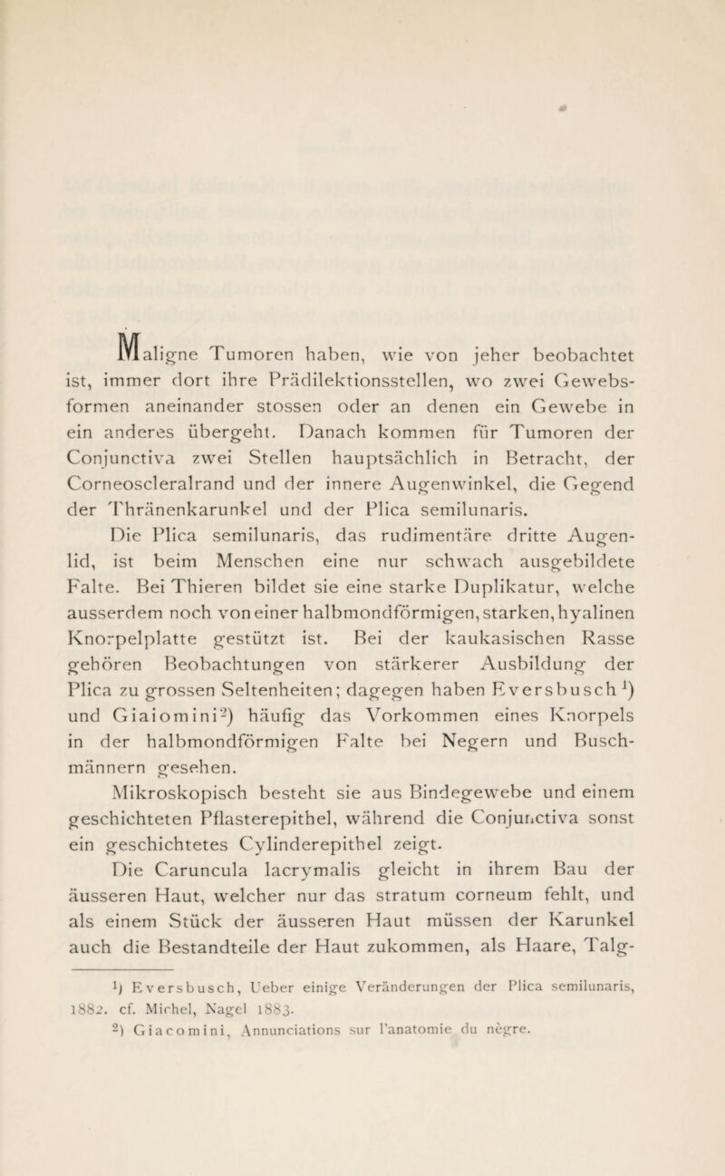 Maligne Tumoren haben, wie von jeher beobachtet ist, immer dort ihre Prädilektionsstellen, wo zwei Gewebs- formen aneinander stossen oder an denen ein Gewebe in ein anderes übergeht. Danach kommen für Tumoren der Conjunctiva zwei Stellen hauptsächlich in Betracht, der Corneoscleralrand und der innere Augenwinkel, die Gegend der Thränenkarunkel und der Plica semilunaris. Die Plica semilunaris, das rudimentäre dritte Augen¬ lid, ist beim Menschen eine nur schwach ausgebildete Falte. Bei Thieren bildet sie eine starke Duplikatur, welche ausserdem noch von einer halbmondförmigen, starken, hyalinen Knorpelplatte gestützt ist. Bei der kaukasischen Rasse gehören Beobachtungen von stärkerer Ausbildung der Plica zu grossen Seltenheiten; dagegen haben Fversbusch l) und Giaiomini2) häufig das Vorkommen eines Knorpels in der halbmondförmigen Falte bei Negern und Busch¬ männern or-esehen. o Mikroskopisch besteht sie aus Bindegewebe und einem geschichteten Pflasterepithel, während die Conjunctiva sonst ein geschichtetes Cylinderepithel zeigt. Die Caruncula lacrymalis gleicht in ihrem Bau der äusseren Haut, welcher nur das Stratum corneum fehlt, und als einem Stück der äusseren Haut müssen der Karunkel auch die Bestandteile der Haut zukommen, als Haare, Talg- b Evershusch, Ueber einige Veränderungen der Plica semilunaris, 1882. cf. Michel, Nagel 1883. 2) G ia co mini, Annunciations sur l’anatomie du negre.