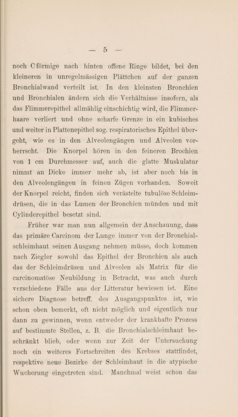 noch C förmige nach hinten offene Ringe bildet, bei den kleineren in unregelmässigen Plättchen auf der ganzen Bronchialwand verteilt ist. Tn den kleinsten Bronchien und Bronchialen ändern sich die Verhältnisse insofern, als das Flimmerepithel allmählig einschichtig wird, die Flimmer¬ haare verliert und ohne scharfe Grenze in ein kubisches und weiter in Plattenepithel sog. respiratorisches Epithel über¬ geht, wie es in den Alveolengängen und Alveolen vor¬ herrscht. Die Knorpel hören in den feineren Brochien von 1 cm Durchmesser auf, auch die glatte Muskulatur nimmt an Dicke immer mehr ab, ist aber noch bis in den Alveolengängen in feinen Zügen vorhanden. Soweit der Knorpel reicht, finden sich verästelte tubulöse Schleim¬ drüsen, die in das Lumen der Bronchien münden und mit Cylinderepithel besetzt sind. Früher war man nun allgemein der Anschauung, dass das primäre Carcinom der Lunge immer von der Bronchial¬ schleimhaut seinen Ausgang nehmen müsse, doch kommen nach Ziegler sowohl das Epithel der Bronchien als auch das der Schleimdrüsen und Alveolen als Matrix für die careinomatöse Neubildung in Betracht, was auch durch verschiedene Fälle aus der Litteratur bewiesen ist. Eine sichere Diagnose betreff, des Ausgangspunktes ist, wie schon oben bemerkt, oft nicht möglich und eigentlich nur dann zu gewinnen, wenn entweder der krankhafte Prozess auf bestimmte Stellen, z. B. die Bronchialschleimhaut be¬ schränkt blieb, oder wenn zur Zeit der Untersuchung noch ein weiteres Fortschreiten des Krebses stattfindet, respektive neue Bezirke der Schleimhaut in die atypische Wucherung eingetreten sind. Manchmal weist schon das