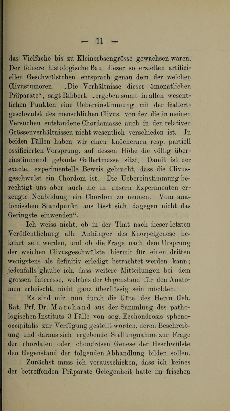 das Vielfache bis zu Kleinerbsengrösse gewachsen waren. Der feinere histologische Ban dieser so erzielten artifici- ellen Geschwülstchen entsprach genau dem der weichen Clivustumoren. „Die Verhältnisse dieser 5monatlichen Präparate“, sagt Ribbert, „ergeben somit in allen wesent¬ lichen Punkten eine Uebereinstimmung mit der Gallert¬ geschwulst des menschlichen Clivus, von der die in meinen Versuchen entstandene Chordamasse auch in den relativen Grössenverhältnissen nicht wesentlich verschieden ist. In beiden Fällen haben wir einen knöchernen resp. partiell ossificierten Vorsprung, auf dessen Höhe die völlig über¬ einstimmend gebaute Gallertmasse sitzt. Damit ist der exacte, experimentelle Beweis gebracht, dass die Clivus- geschwulst ein Chordom ist. Die Uebereinstimmung be¬ rechtigt uns aber auch die in unsern Experimenten er¬ zeugte Neubilduug ein Chordom zu nennen. Vom ana- tomisshen Standpunkt aus lässt sich dagegen nicht das Geringste einwenden“. Ich weiss nicht, ob in der That nach dieser letzten Veröffentlichung alle Anhänger des Knorpelgenese be¬ kehrt sein werden, und ob die Frage nach dem Ursprung der weichen Clivusgeschwülste hiermit für einen dritten wenigstens als definitiv erledigt betrachtet werden kann; jedenfalls glaube ich, dass weitere Mitteilungen bei dem grossen Interesse, welches der Gegenstand für den Anato¬ men erheischt, nicht ganz überflüssig sein möchten. Es sind mir nun durch die Güte des Herrn Geh. Rat, Prf. Dr. Marchand aus der Sammlung des patho¬ logischen Instituts 3 Fälle von sog. Eechondrosis spheno- occipitalis zur Verfügung gestellt worden, deren Beschreib¬ ung und daraus sich ergebende Stellungnahme zur Frage der chordalen oder chondrösen Genese der Geschwülste den Gegenstand der folgenden Abhandlung bilden sollen. Zunächst muss ich vorausschicken, dass ich keines der betreffenden Präparate Gelegenheit hatte in,i frischen