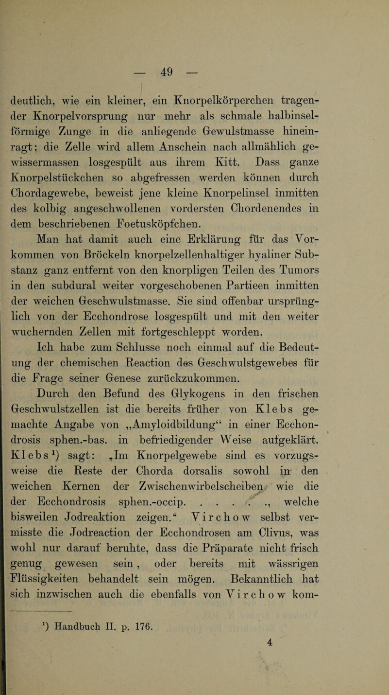 deutlich, wie ein kleiner, ein Knorpelkörperchen tragen¬ der Knorpelvorsprung nur mehr als schmale halbinsel- förmige Zunge in die anliegende Gewulstmasse hinein¬ ragt; die Zelle wird allem Anschein nach allmählich ge- wissermassen losgespült aus ihrem Kitt. Dass ganze Knorpelstückchen so abgefressen werden können durch Chordagewehe, beweist jene kleine Knorpelinsel inmitten des kolbig angeschwollenen vordersten Chordenendes in dem beschriebenen Foetusköpfchen. Man hat damit auch eine Erklärung für das Vor¬ kommen von Bröckeln knorpelzellenhaltiger hyaliner Sub¬ stanz ganz entfernt von den knorpligen Teilen des Tumors in den subdural weiter vorgeschobenen Partieen inmitten der weichen Geschwulstmasse. Sie sind offenbar ursprüng¬ lich von der Ecchondrose losgespült und mit den weiter wuchernden Zellen mit fortgeschleppt worden. Ich habe zum Schlüsse noch einmal auf die Bedeut¬ ung der chemischen Reaction des Geschwulstgewebes für die Frage seiner Genese zurückzukommen. Durch den Befund des Glykogens in den frischen Geschwulstzellen ist die bereits früher von Klebs ge¬ machte Angabe von ,,Amyloidbildung“ in einer Ecchon- drosis sphen.-bas. in befriedigender Weise aufgeklärt. Klebs1) sagt: „Im Knorpelgewebe sind es vorzugs¬ weise die Reste der Chorda dorsalis sowohl in den weichen Kernen der Zwischenwirbelscheiben wie die der Ecchondrosis sphen.-occip.., welche bisweilen Jodreaktion zeigen.“ Virchow selbst ver¬ misste die Jodreaction der Ecchondrosen am Clivus, was wohl nur darauf beruhte, dass die Präparate nicht frisch genug gewesen sein , oder bereits mit wässrigen Flüssigkeiten behandelt sein mögen. Bekanntlich hat sich inzwischen auch die ebenfalls von Virchow kom- x) Handbuch II. p. 176. 4