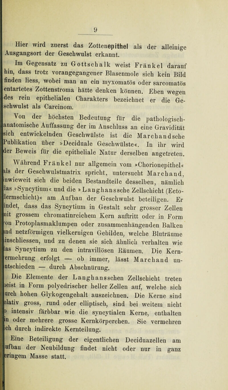 | Hiei wild zuerst das Zottenßpithe! als der alleinige Ausgangsort der Geschwulst erkannt. I Im Gegensatz zu Gottschalk weist Frankel darauf hin, dass trotz vorangegangener Blasenmole sich kein Bild | finden liess, wobei man an ein myxomatös oder sarcomatös || entartetes Zottenstroma hätte denken können. Eben wegen I des rein epithelialen Charakters bezeichnet er die Ge¬ lschwulst als Carcinom. | Von der höchsten Bedeutung für die pathologisch- Janatomische Auffassung der im Anschluss an eine Gravidität jsich entwickelnden Geschwülste ist die Marchandsche [Publikation über »Deciduale Geschwülste«. In ihr wird jder Beweis für die epitheliale Natur derselben angetreten. Während Fränkel nur allgemein vom »Chorionepithel« mls der Geschwulstmatrix spricht, untersucht Marchand, Inwieweit sich die beiden Bestandteile desselben, nämlich tias »Syncytium« und die » Langhanssche Zellschicht (Ecto- ||iermschicht)« am Aufbau der Geschwulst beteiligen. Er findet, dass das Syncytium in Gestalt sehr grosser Zellen Init grossem chromatinreichem Kern auftritt oder in Form ||0n Protoplasmaklumpen oder zusammenhängenden Balken |nd netzförmigen vielkernigen Gebilden, welche Bluträume JJinschliessen, und zu denen sie sich ähnlich verhalten wie | las Syncytium zu den intravillösen Bäumen. Die Kern- I ermehrung erfolgt — ob immer, lässt Marchand un- | ntschieden — durch Abschnürung. j] Die Elemente der Langhansschen Zellschicht treten ; leist in Form polyedrischer heller Zellen auf, welche sich urch hohen Glykogengehalt auszeichnen. Die Kerne sind jjelativ gross, rund oder elliptisch, sind bei weitem nicht jlo intensiv färbbar wie die syncytialen Kerne, enthalten |in oder mehrere grosse Kernkörperchen. Sie vermehren jjick durch indirekte Kernteilung. I Eine Beteiligung der eigentlichen Deciduazellen am Ijufbau der Neubildung findet nicht oder nur in ganz > i^ringem Masse statt. t