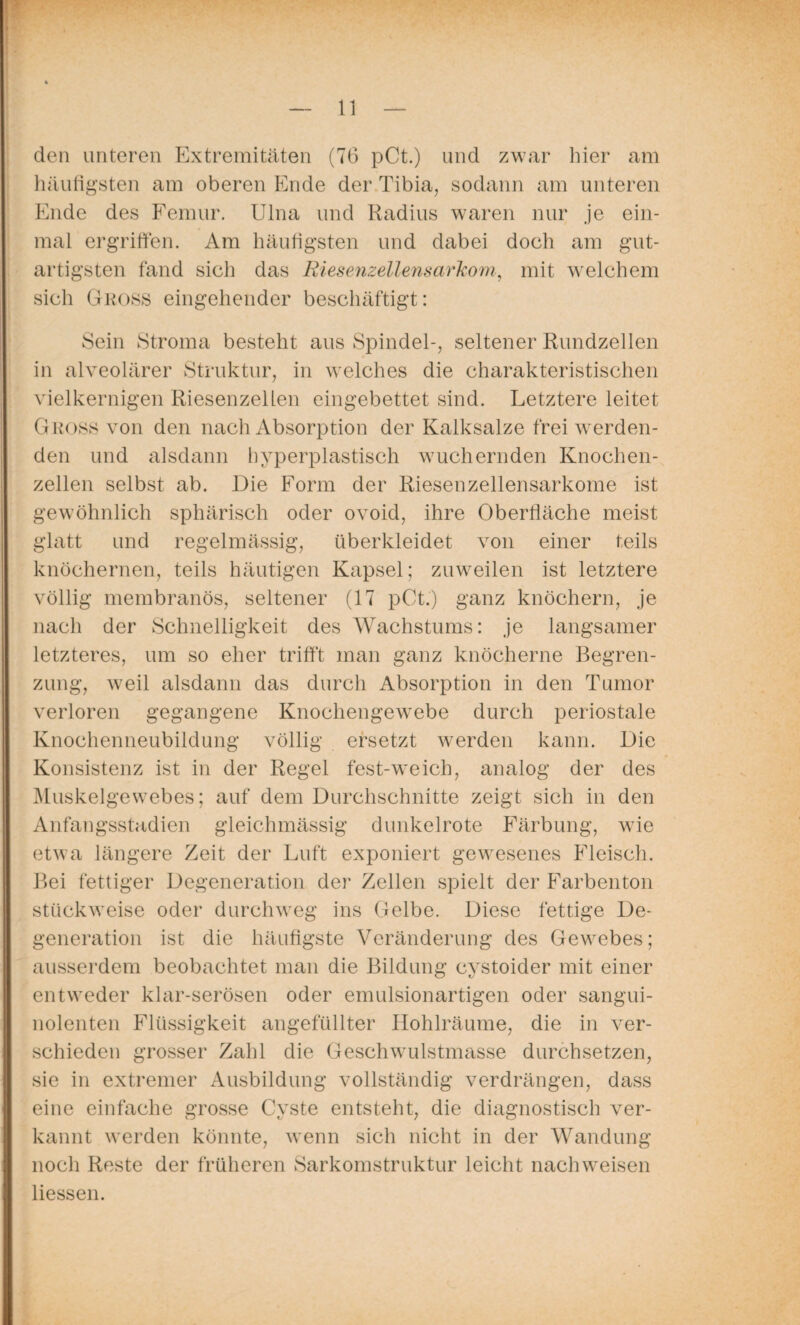 den unteren Extremitäten (76 pCt.) und zwar liier am häufigsten am oberen Ende der Tibia, sodann am unteren Ende des Femur. Ulna und Radius waren nur je ein¬ mal ergriffen. Am häufigsten und dabei doch am gut¬ artigsten fand sich das Riesenzellensarkom, mit welchem sich Gross eingehender beschäftigt: Sein Stroma besteht aus Spindel-, seltener Rundzellen in alveolärer Struktur, in welches die charakteristischen vielkernigen Riesenzellen eingebettet sind. Letztere leitet Gross von den nach Absorption der Kalksalze frei werden¬ den und alsdann hyperplastisch wuchernden Knochen¬ zellen selbst ab. Die Form der Riesenzellensarkome ist gewöhnlich sphärisch oder ovoid, ihre Oberfläche meist glatt und regelmässig, überkleidet von einer teils knöchernen, teils häutigen Kapsel; zuweilen ist letztere völlig membranös, seltener (17 pCt.j ganz knöchern, je nach der Schnelligkeit des Wachstums: je langsamer letzteres, um so eher trifft man ganz knöcherne Begren¬ zung, weil alsdann das durch Absorption in den Tumor verloren gegangene Knochengewebe durch periostale Knochenneubildung völlig ersetzt werden kann. Die Konsistenz ist in der Regel fest-weich, analog der des Muskelgewebes; auf dem Durchschnitte zeigt sich in den Anfangsstadien gleichmässig dunkelrote Färbung, wie etwa längere Zeit der Luft exponiert gewesenes Fleisch. Bei fettiger Degeneration der Zellen spielt der Farbenton stückweise oder durchweg ins Gelbe. Diese fettige De¬ generation ist die häufigste Veränderung des Gewebes; ausserdem beobachtet man die Bildung cystoider mit einer entweder klar-serösen oder emulsionartigen oder sangui¬ nolenten Flüssigkeit angefüllter Hohlräume, die in ver¬ schieden grosser Zahl die Geschwulstmasse durchsetzen, sie in extremer Ausbildung vollständig verdrängen, dass eine einfache grosse Cyste entsteht, die diagnostisch ver¬ kannt werden könnte, wenn sich nicht in der Wandung noch Reste der früheren Sarkomstruktur leicht nach weisen Hessen.
