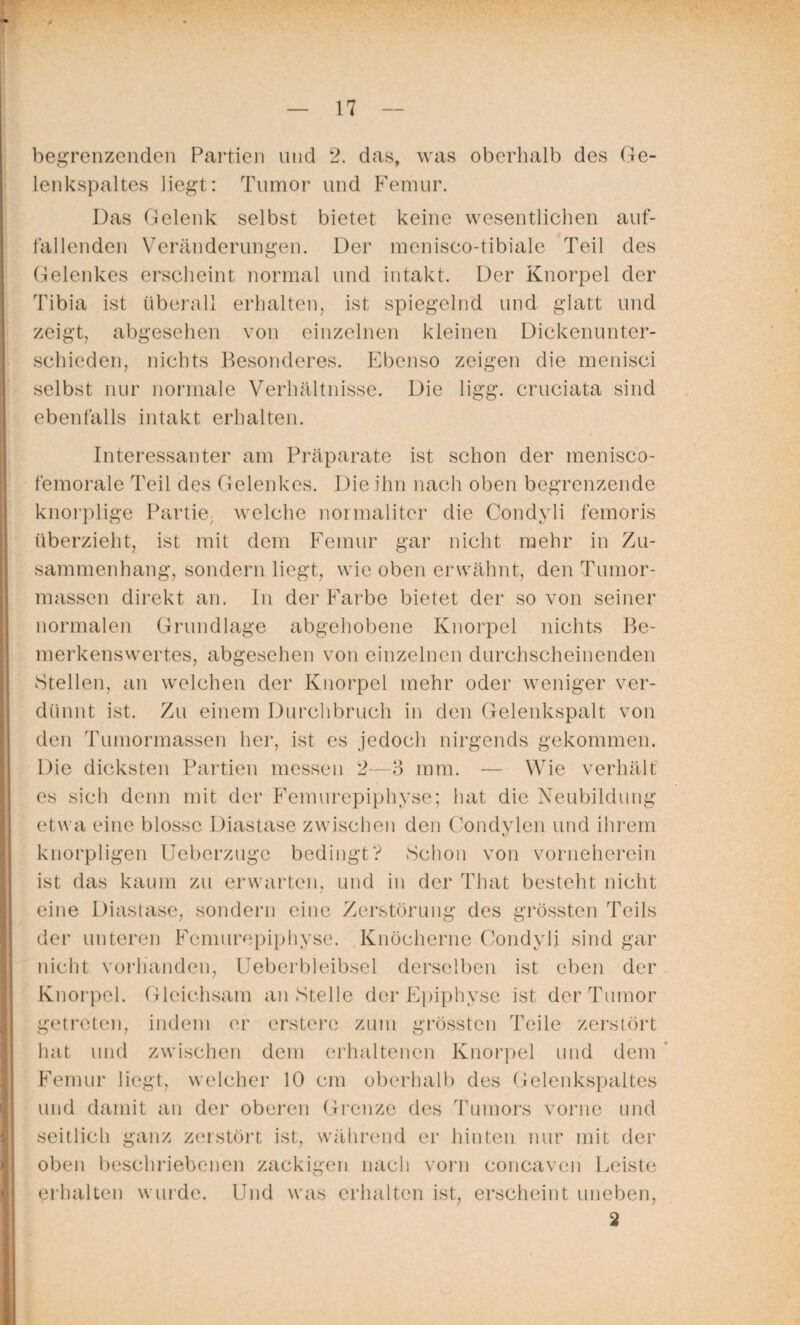 begrenzenden Partien und 2. das, was oberhalb des Ge¬ lenkspaltes liegt: Tumor und Femur. Das Gelenk selbst bietet keine wesentlichen auf¬ fallenden Veränderungen. Der menisco-tibiale Teil des Gelenkes erscheint normal und intakt. Der Knorpel der Tibia ist überall erhalten, ist spiegelnd und glatt und zeigt, abgesehen von einzelnen kleinen Dickenunter¬ schieden, nichts Besonderes. Ebenso zeigen die menisci selbst nur normale Verhältnisse. Die ligg. cruciata sind ebenfalls intakt erhalten. Interessanter am Präparate ist schon der menisco- femorale Teil des Gelenkes. Die ihn nach oben begrenzende knorplige Partie, welche normalitcr die Condyli femoris überzieht, ist mit dem Femur gar nicht mehr in Zu¬ sammenhang, sondern liegt, wie oben erwähnt, den Tumor¬ massen direkt an. In der Farbe bietet der so von seiner normalen Grundlage abgehobene Knorpel nichts Be¬ merkenswertes, abgesehen von einzelnen durchscheinenden Stellen, an welchen der Knorpel mehr oder weniger ver¬ dünnt ist. Zu einem Durchbruch in den Gelenkspalt von den Tumormassen her, ist es jedoch nirgends gekommen. Die dicksten Partien messen 2—3 mm. — Wie verhält es sich denn mit der Femurepiphyse; hat die Neubildung etwa eine blosse Diastase zwischen den Condvien und ihrem kJ knorpligen Ueberzuge bedingt'? Schon von vorneherein ist das kaum zu erwarten, und in der That besteht nicht eine Diastase, sondern eine Zerstörung des grössten Teils der unteren Femurepiphyse. Knöcherne Condyli sind gar nicht vorhanden, Ueberbleibsel derselben ist eben der Knorpel. Gleichsam anstelle der Epiphyse ist der Tumor getreten, indem er erstere zum grössten Teile zerstört hat und zwischen dem erhaltenen Knorpel und dem Femur liegt, welcher 10 cm oberhalb des Gelenkspaltes und damit an der oberen Grenze des Tumors vorne und seitlich ganz zerstört ist, während er hinten nur mit der oben beschriebenen zackigen nach vorn concavcn Leiste erhalten wurde. Und was erhalten ist, erscheint uneben,