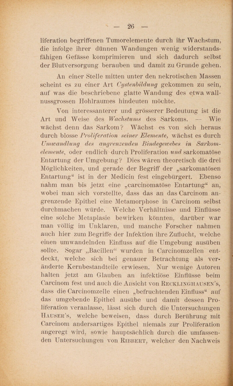 liferation begriffenen Tumorelemente durch ihr Wachstum, die infolge ihrer dünnen Wandungen wenig widerstands¬ fähigen Gefässe komprimieren und sich dadurch selbst der Blutversorgung berauben und damit zu Grunde gehen. An einer Stelle mitten unter den nekrotischen Massen scheint es zu einer Art Cystenbildung gekommen zu sein, auf was die beschriebene glatte Wandung des etwa wall¬ nussgrossen Hohlraumes hindeuten möchte. Von interessanterer und grösserer Bedeutung ist die Art und Weise des Wachstums des Sarkoms. — Wie wächst denn das Sarkom? Wächst es von sich heraus durch blosse Proliferation seiner Elemente, wächst es durch Umwandlung des angrenzenden Bindegewebes in Sarkom¬ elemente, oder endlich durch Proliferation und sarkomatöse \ Entartung der Umgebung? Dies wären theoretisch die drei Möglichkeiten, und gerade der Begriff der „sarkomatösen Entartung“ ist in der Medicin fest eingebürgert. Ebenso nahm man bis jetzt eine „carcinomatöse Entartung“ an, wobei man sich vorstellte, dass das an das Carcinom an- grenzende Epithel eine Metamorphose in Carcinom selbst durchmachen würde. Welche Verhältnisse und Einflüsse eine solche Metaplasie bewirken könnten, darüber war man völlig im Unklaren, und manche Forscher nahmen auch hier zum Begriffe der Infektion ihre Zuflucht, welche einen umwandelnden Einfluss auf die Umgebung ausüben sollte. Sogar „Bacillen“ wurden in Carcinomzellen ent¬ deckt, welche sich bei genauer Betrachtung als ver¬ änderte Kernbestandteile erwiesen. Nur wenige Autoren halten jetzt am Glauben an infektiöse Einflüsse beim Carcinom fest und auch die Ansicht von Recklinghausen^, dass die Carcinomzelle einen „befruchtenden Einfluss“ auf das umgebende Epithel ausübe und damit dessen Pro¬ liferation veranlasse, lässt sich durch die Untersuchungen Hausek’s, welche beweisen, dass durch Berührung mit Carcinom andersartiges Epithel niemals zur Proliferation angeregt wird, sowie hauptsächlich durch die umfassen¬ den Untersuchungen von Ribbelt, welcher den Nachweis