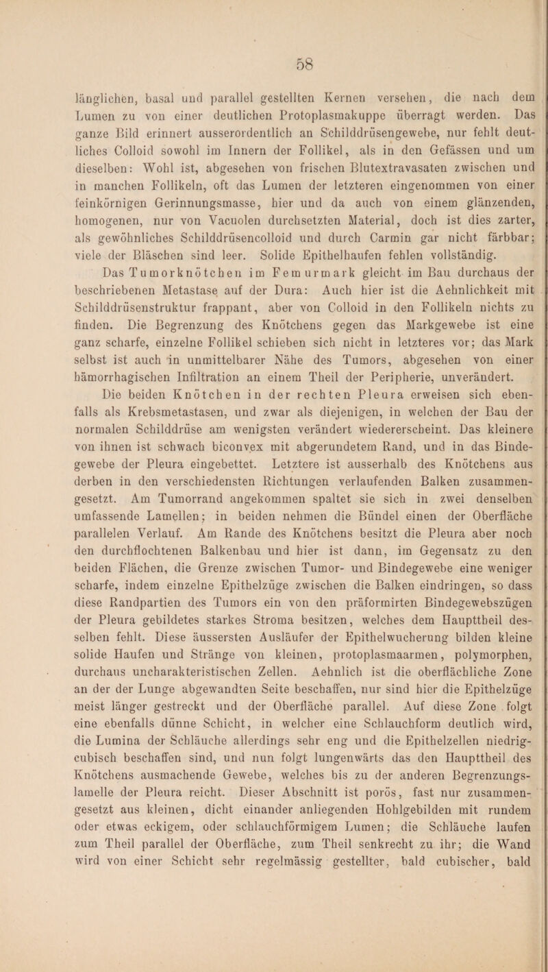 länglichen, basal und parallel gestellten Kernen versehen, die nach dem Lumen zu von einer deutlichen Protoplasmakuppe überragt werden. Das ganze Bild erinnert ausserordentlich an Schilddrüsengewebe, nur fehlt deut¬ liches Colloid sowohl im Innern der Follikel, als in den Gefässen und um dieselben: Wohl ist, abgesehen von frischen Blutextravasaten zwischen und in manchen Follikeln, oft das Lumen der letzteren eingenommen von einer feinkörnigen Gerinnungsmasse, hier und da auch von einem glänzenden, homogenen, nur von Vacuolen durchsetzten Material, doch ist dies zarter, als gewöhnliches Schilddrüsencolloid und durch Carmin gar nicht färbbar; viele der Bläschen sind leer. Solide Epithelhaufen fehlen vollständig. Das Tumorknötchen im Femurmark gleicht im Bau durchaus der beschriebenen Metastase auf der Dura: Auch hier ist die Aehnlichkeit mit Schilddrüsenstruktur frappant, aber von Colloid in den Follikeln nichts zu finden. Die Begrenzung des Knötchens gegen das Markgewebe ist eine ganz scharfe, einzelne Follikel schieben sich nicht in letzteres vor; das Mark selbst ist auch in unmittelbarer Nähe des Tumors, abgesehen von einer hämorrhagischen Infiltration an einem Theil der Peripherie, unverändert. Die beiden Knötchen in der rechten Pleura erweisen sich eben¬ falls als Krebsmetastasen, und zwar als diejenigen, in welchen der Bau der normalen Schilddrüse am wenigsten verändert wiedererscheint. Das kleinere von ihnen ist schwach biconvex mit abgerundetem Rand, und in das Binde¬ gewebe der Pleura eingebettet. Letztere ist ausserhalb des Knötchens aus derben in den verschiedensten Richtungen verlaufenden Balken zusammen¬ gesetzt. Am Tumorrand angekommen spaltet sie sich in zwei denselben umfassende Lamellen; in beiden nehmen die Bündel einen der Oberfläche parallelen Verlauf. Am Rande des Knötchens besitzt die Pleura aber noch den durchflochtenen Balkenbau und hier ist dann, im Gegensatz zu den beiden Flächen, die Grenze zwischen Tumor- und Bindegewebe eine weniger scharfe, indem einzelne Epithelzüge zwischen die Balken eindringen, so dass diese Randpartien des Tumors ein von den präformirten Bindegewebszügen der Pleura gebildetes starkes Stroma besitzen, welches dem Haupttbeil des¬ selben fehlt. Diese äussersten Ausläufer der Epithelwucherung bilden kleine solide Haufen und Stränge von kleinen, protoplasmaarmen, polymorphen, durchaus uncharakteristischen Zellen. Aehnlich ist die oberflächliche Zone an der der Lunge abgewandten Seite beschaffen, nur sind hier die Epithelzüge meist länger gestreckt und der Oberfläche parallel. Auf diese Zone folgt eine ebenfalls dünne Schicht, in welcher eine Schlauchform deutlich wird, die Lumina der Schläuche allerdings sehr eng und die Epithelzellen niedrig- cubisch beschaffen sind, und nun folgt lungenwärts das den Haupttheil des Knötchens ausmachende Gewebe, welches bis zu der anderen Begrenzungs¬ lamelle der Pleura reicht. Dieser Abschnitt ist porös, fast nur zusammen¬ gesetzt aus kleinen, dicht einander anliegenden Hohlgebilden mit rundem oder etwas eckigem, oder schlauchförmigem Lumen; die Schläuche laufen zum Theil parallel der Oberfläche, zum Theil senkrecht zu ihr; die Wand wird von einer Schicht sehr regelmässig gestellter, bald cubischer, bald