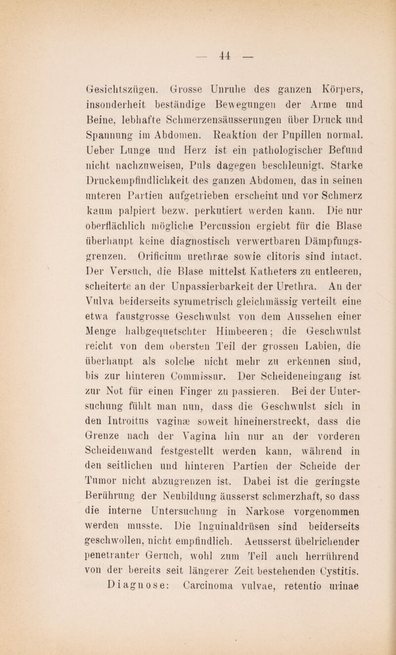 Gesichtszügen. Grosse Unruhe des ganzen Körpers, insonderheit beständige Bewegungen der Arme und Beine, lebhafte Sclnnerzensäusserungen über Druck und Spannung im Abdomen. Reaktion der Pupillen normal. Ueber Lunge und Herz ist ein pathologischer Befund nicht nachzuweisen, Puls dagegen beschleunigt. Starke Druckempfindlichkeit des ganzen Abdomen, das in seinen unteren Partien aufgetrieben erscheint und vor Schmerz kaum palpiert bezw. perkutiert werden kann. Die nur oberflächlich mögliche Percussion ergiebt für die Blase überhaupt keine diagnostisch verwertbaren Dämpfungs¬ grenzen. Orifieium urethrae sowie clitoris sind intact. Der Versuch, die Blase mittelst Katheters zu entleeren, scheiterte an der Unpassierbarkeit der Urethra. An der Vulva beiderseits symmetrisch gleiclnnässig verteilt eine etwa faustgrosse Geschwulst von dem Aussehen einer Menge halbgequetschter Himbeeren; die Geschwulst reicht von dem obersten Teil der grossen Labien, die überhaupt als solche nicht mehr zu erkennen sind, bis zur hinteren Commissur. Der Scheideneingang ist zur Not für einen Finger zu passieren. Bei der Unter¬ suchung fühlt man nun, dass die Geschwulst sich in den Introitus vaginae soweit hineinerstreckt, dass die Grenze nach der Vagina hin nur an der vorderen Scheidenwand festgestellt werden kann, während in den seitlichen und hinteren Partien der Scheide der Tumor nicht abzugrenzen ist. Dabei ist die geringste Berührung der Neubildung äusserst schmerzhaft, so dass die interne Untersuchung in Narkose vorgenommen werden musste. Die Inguinaldrüsen sind beiderseits geschwollen, nicht empfindlich. Aeusserst übelrichender penetranter Geruch, wohl zum Teil auch herrührend von der bereits seit längerer Zeit bestehenden Cystitis. Diagnose: Carcinoma vulvae, retentio urinae