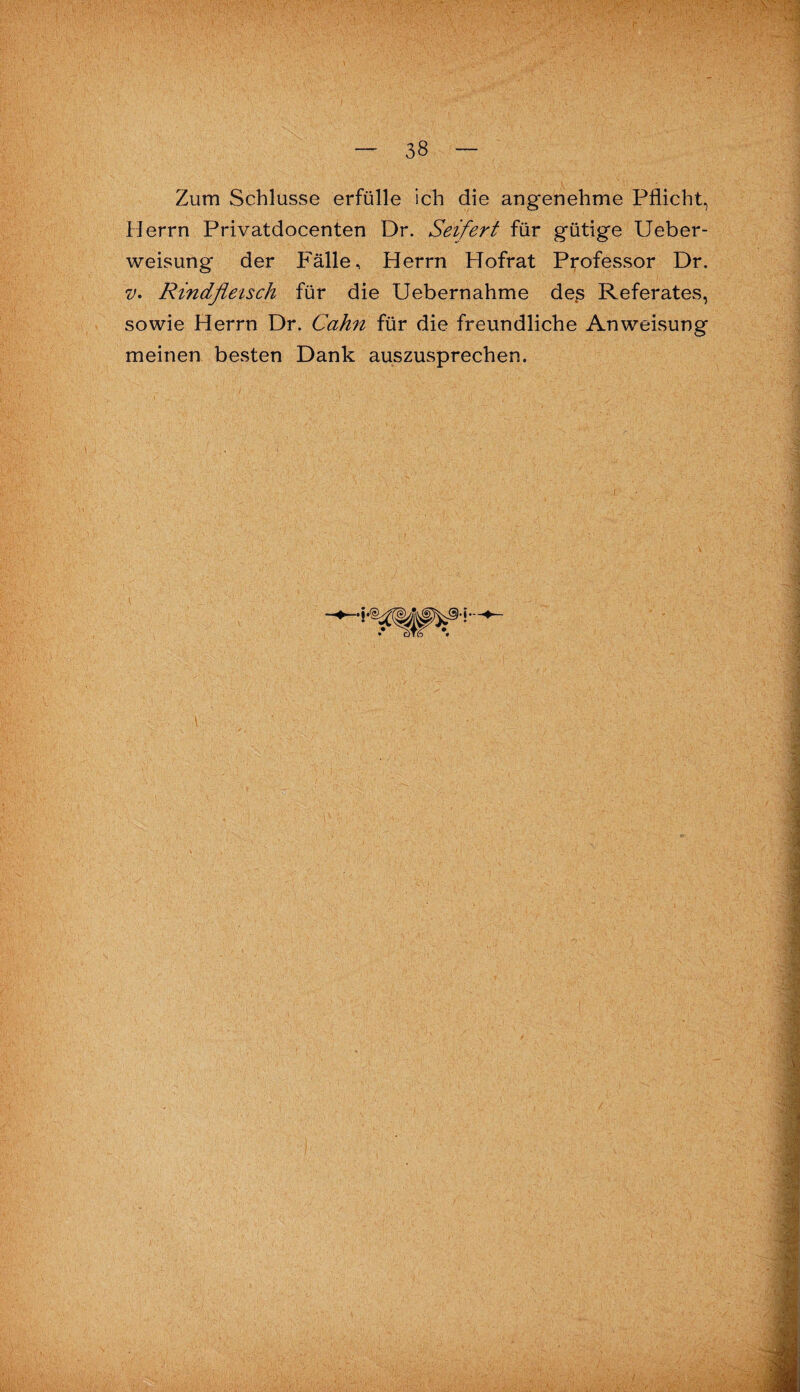 Zum Schlüsse erfülle ich die angenehme Pflicht, Herrn Privatdocenten Dr. Seifert für gütige Ueber- weisung der Fälle, Herrn Hofrat Professor Dr. z/. Rindfleisch für die Uebernahme des Referates, sowie Herrn Dr. Cahn für die freundliche Anweisung meinen besten Dank auszusprechen.