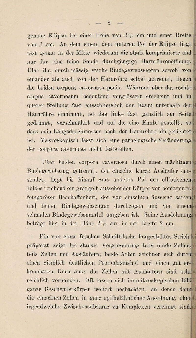 genaue Ellipse bei einer Höhe von 31/2 cm und einer Breite j von 2 cm. An dem einen, dem unteren Pol der Ellipse liegt ja fast genau in der Mitte wiederum die stark komprimierte und i nur für eine feine Sonde durchgängige Harnröhrenöffnung. |j Über ihr, durch massig starke Bindegewebssepten sowohl von einander als auch von der Harnröhre selbst getrennt, liegen • die beiden corpora cavernosa penis. Während aber das rechte ji corpus cavernosum bedeutend vergrössert erscheint und in j querer Stellung fast ausschliesslich den Raum unterhalb der ij Harnröhre einnimmt, ist das linke fast gänzlich zur Seite li gedrängt, verschmälert und auf die eine Kante gestellt, so ? dass sein Längsdurchmesser nach der Harnröhre hin gerichtet d ist. Makroskopisch lässt sich eine pathologische Veränderung a; der corpora cavernosa nicht feststellen. Über beiden corpora cavernosa durch einen mächtigen!« Bindegewebszug getrennt, der einzelne kurze Ausläufer ent¬ sendet, liegt bis hinauf zum anderen Pol des elliptischen hi Bildes reichend ein graugelb aussehender Körper von homogener, k feinporöser Beschaffenheit, der von einzelnen äusserst zarten; und feinen Bindegewebszügen durchzogen und von einem bi schmalen Bindegewebsmantel umgeben ist. Seine Ausdehnungen beträgt hier in der Höhe 2^2 cm, in der Breite 2 cm. Ein von einer frischen Schnittfläche hergestelltes Strich-fei präparat zeigt bei starker Vergrösserung teils runde Zellen,e; teils Zellen mit Ausläufern; beide Arten zeichnen sich durch» einen ziemlich deutlichen Protoplasmahof und einen gut er-E kennbaren Kern aus; die Zellen mit Ausläufern sind sehrfe j reichlich vorhanden. Oft lassen sich im mikroskopischen Bildj3 ganze Geschwulstkörper isoliert beobachten, an denen dam; ; die einzelnen Zellen in ganz epithelähnlicher Anordnung, ohne irgendwelche Zwischensubstanz zu Komplexen vereinigt sind.: i