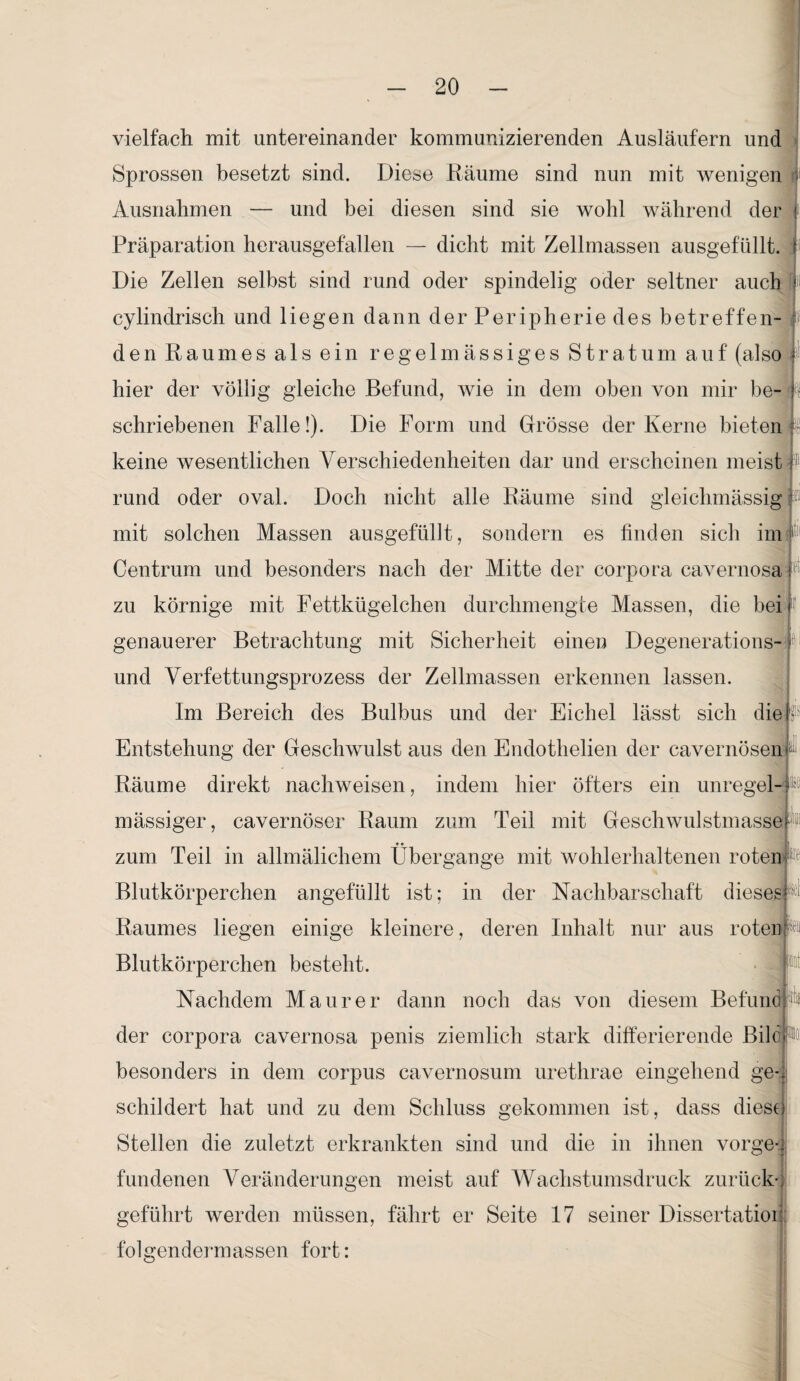 vielfach mit untereinander kommunizierenden Ausläufern und Sprossen besetzt sind. Diese Räume sind nun mit wenigen 1 Ausnahmen — und bei diesen sind sie wohl während der I Präparation herausgefallen — dicht mit Zellmassen ausgefüllt. Die Zellen selbst sind rund oder spindelig oder seltner auch cylindrisch und liegen dann der Peripherie des betreffen¬ den Raumes als ein regelmässiges Stratum auf (also hier der völlig gleiche Befund, wie in dem oben von mir be-P schriebenen Falle!). Die Form und Grösse der Kerne bieten keine wesentlichen Verschiedenheiten dar und erscheinen meist t rund oder oval. Doch nicht alle Räume sind gleichmässig mit solchen Massen ausgefüllt, sondern es finden sich im Centrum und besonders nach der Mitte der Corpora cavernosa zu körnige mit Fettkügelchen durchmengte Massen, die bei genauerer Betrachtung mit Sicherheit einen Degenerations¬ und Verfettungsprozess der Zellmassen erkennen lassen. Im Bereich des Bulbus und der Eichel lässt sich diel- Entstehung der Geschwulst aus den Endothelien der cavernösen- N ' 1 Räume direkt nachweisen, indem hier öfters ein unregel-r 01 mässiger, cavernöser Raum zum Teil mit Geschwulstmassef • • zum Teil in allmälichem Übergänge mit wohlerhaltenen roten# Blutkörperchen angefüllt ist; in der Nachbarschaft dieses? 1 Raumes liegen einige kleinere, deren Inhalt nur aus roten Blutkörperchen besteht. Nachdem Maurer dann noch das von diesem Befundj der corpora cavernosa penis ziemlich stark differierende BiloP besonders in dem corpus cavernosum urethrae eingehend ge-; schildert hat und zu dem Schluss gekommen ist, dass dieso Stellen die zuletzt erkrankten sind und die in ihnen vorge4 I fundenen Veränderungen meist auf Wachstumsdruck zurück-] geführt werden müssen, fährt er Seite 17 seiner Dissertation folgendermassen fort: