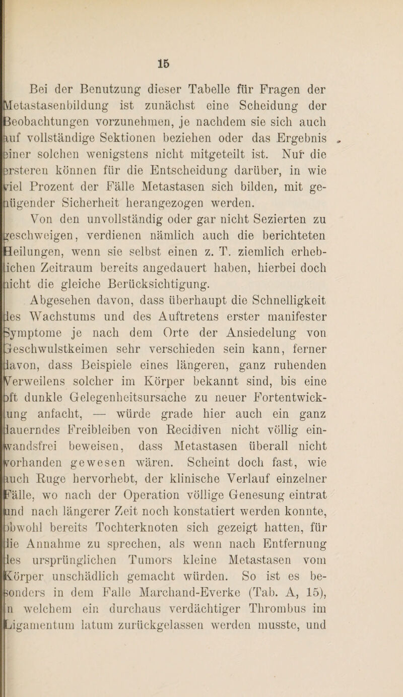 Bei der Benutzung dieser Tabelle für Fragen der VIetastasenbildung ist zunächst eine Scheidung der Beobachtungen vorzunehmen, je nachdem sie sich auch Ulf vollständige Sektionen beziehen oder das Ergebnis 3iner solchen wenigstens nicht mitgeteilt ist. Nub die 3rsteren können für die Entscheidung darüber, in wie ^iel Prozent der Fälle Metastasen sich bilden, mit ge- lügender Sicherheit herangezogen werden. Von den unvollständig oder gar nicht Sezierten zu ^eschweigen, verdienen nämlich auch die berichteten Beilungen, wenn sie selbst einen z. T. ziemlich erheb- ichen Zeitraum bereits augedauert haben, hierbei doch licht die gleiche Berücksichtigung. Abgesehen davon, dass überhaupt die Schnelligkeit ies Wachstums und des Auftretens erster manifester Symptome je nach dem Orte der Ansiedelung von Beschwulstkeimen sehr verschieden sein kann, ferner iavon, dass Beispiele eines längeren, ganz ruhenden ^erweilens solcher im Körper bekannt sind, bis eine ift dunkle Gelegenheitsursache zu neuer Fortentwick- ung anfacht, — würde grade hier auch ein ganz lauerndes Freibleiben von Recidiven nicht völlig ein- vandsfrei beweisen, dass Metastasen überall nicht s^orhanden gewesen wären. Scheint doch fast, wie lucli Rüge hervorhebt, der klinische Verlauf einzelner ^älle, wo nach der Operation völlige Genesung eintrat und nach längerer Zeit noch konstatiert werden konnte, ibwohl bereits Tochterknoten sich gezeigt hatten, für he Annahme zu sprechen, als wenn nach Entfernung ies ursprünglichen Tumors kleine Metastasen vom J^örper unschädlich gemacht würden. So ist es be¬ sonders in dem Falle Marchand-Everke (Tab. A, 15), n welchem ein durchaus verdächtiger Thrombus im !jigameiitum latum zurückgelassen werden musste, und