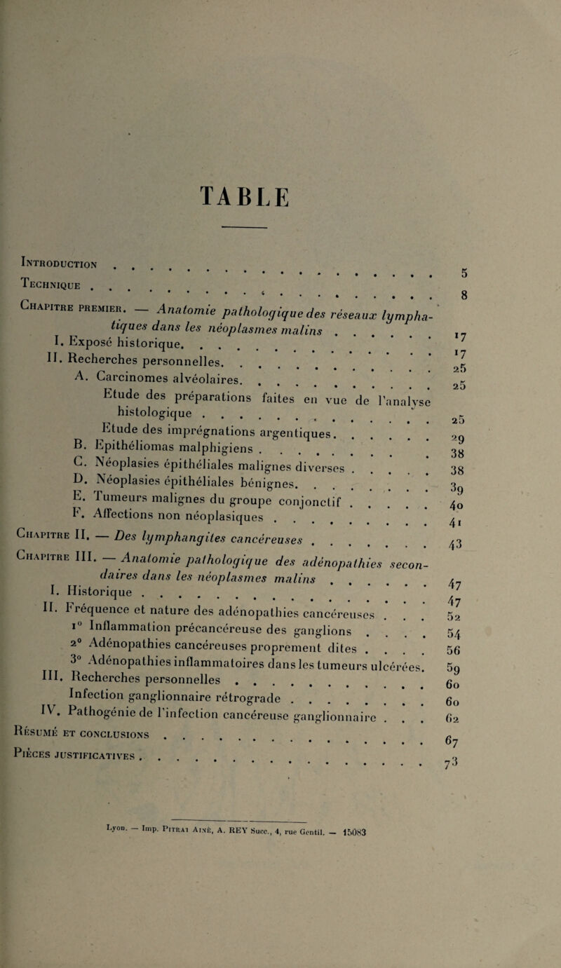 TABLE ue de Introduction .... Technique , Chapitre premier. — Anatomie pathologique des tiques dans les néoplasmes malins I. Exposé historique. II. Recherches personnelles. A. Carcinomes alvéolaires. Etude des préparations faites en \ histologique .... Etude des imprégnations argentiques B. Epithéliomas malphigiens C. Néoplasies épithéliales malignes diverses L). Néoplasies épithéliales bénignes. E. Tumeurs malignes du groupe conjonctif T. Affections non néoplasiques Chapitre II. — Des lymphangites cancéreuses Chapitre III. Anatomie pathologique des adènopath daires dans les néoplasmes malins I. Historique. II. Fréquence et nature des adénopathies cancéreuse i° Inflammation précancéreuse des ganglions 2 Adénopathies cancéreuses proprement dites 3° Adénopathies inflammatoires dans les tumeurs III. Recherches personnelles. Infection ganglionnaire rétrograde ^ • Pathogénie de 1 infection cancéreuse ganglionnai Résumé et conclusions. Pièces justificatives. éseaux lympha- Tanalv es secoi ilcé rees 5 8 17 *7 25 25 25 29 38 38 39 40 4* 43 47 47 52 5/f 56 59 60 6o 62 67 73 Lyon. - lmp. Pitrai Ai né, A. REY Suce., 4, rue Gentil. - 15083