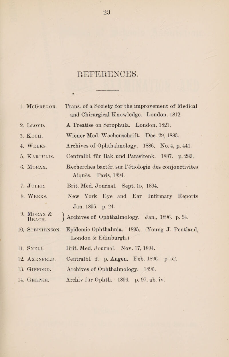 REFERENCES. 1. McGregor. 2. Lloyd. 3. Koch. 4. Weeks. 5. Kartulis. G. Morax. 7. Juler. 8. Weeks. 9. Morax & Beach. 10. Stephenson. 11. Snell. 12. Axeneeld. 13. Gifford. 14. Gelpke. * Trans, of a Society for the improvement of Medical and Chirurgical Knowledge. London, 1812. A Treatise on Scrophula. London, 1821. Wiener Med. Wochenschrift. Dec. 29. 1883. Archives of Ophthalmology. 1886. No. 4, p. 441. Centralbl. fiir Bak. und Parasitenk. 1887. p. 289. Recherches bacter. sur l’etiologie des conjonctivites Aiques. Paris, 1894. Brit. Med. Journal. Sept. 15, 1894. New York Eye and Ear Infirmary Reports Jan. 1895. p. 24. Archives of Ophthalmology. Jan., 1896. p. 54. Epidemic Ophthalmia. 1895. (Young J. Pentland, London & Edinburgh.) Brit. Med. Journal. Nov. 17, 1894. Centralbl. f. p. Augen. Feb. 1896. p 52. Archives of Ophthalmology. 1896. Archiv fiir Ophth. 1896. p. 97, ab. iv.