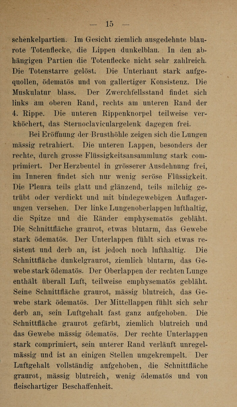 schenkelpartien. Im Gesicht ziemlich ausgedehnte blau¬ rote Totenflecke, die Lippen dunkelblau. In den ab¬ hängigen Partien die Totenflecke nicht sehr zahlreich. Die Totenstarre gelöst. Die Unterhaut stark aufge¬ quollen, ödematös und von gallertiger Konsistenz. Die Muskulatur blass. Der Zwerchfellsstand findet sich links am oberen Rand, rechts am unteren Rand der 4. Rippe. Die unteren Rippenknorpel teilweise ver¬ knöchert, das Sternoclaviculargelenk dagegen frei. Bei Eröffnung der Brusthöhle zeigen sich die Lungen massig retrahiert. Die unteren Lappen, besonders der rechte, durch grosse Flüssigkeitsansammlung stark com- primiert. Der Herzbeutel in grösserer Ausdehnung frei, im Inneren findet sich nur wenig seröse Flüssigkeit. Die Pleura teils glatt und glänzend, teils milchig ge¬ trübt oder verdickt und mit bindegewebigen Auflager¬ ungen versehen. Der linke Lungenoberlappen lufthaltig, die Spitze und die Ränder emphysematos gebläht. Die Schnittfläche graurot, etwas blutarm, das Gewebe stark ödematös. Der Unterlappen fühlt sich etwas re¬ sistent und derb an, ist jedoch noch lufthaltig. Die Schnittfläche dunkelgraurot, ziemlich blutarm, das Ge¬ webe stark ödematös. Der Oberlappen der rechten Lunge enthält überall Luft, teilweise emphysematos gebläht. Seine Schnittfläche graurot, mässig blutreich, das Ge¬ webe stark ödematös. Der Mittellappen fühlt sich sehr derb an, sein Luftgehalt fast ganz aufgehoben. Die Schnittfläche graurot gefärbt, ziemlich blutreich und das Gewebe mässig ödematös. Der rechte Unterlappen stark comprimiert, sein unterer Rand verläuft unregel¬ mässig und ist an einigen Stellen umgekrempelt. Der Luftgehalt vollständig aufgehoben, die Schnittfläche graurot, mässig blutreich, wenig ödematös und von fleischartiger Beschaffenheit.
