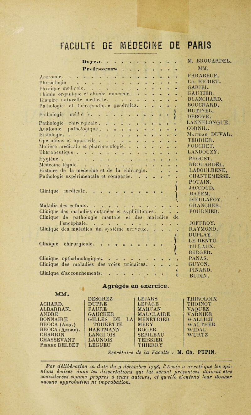 Hoyen. Prolessciirs. Ana . ... • Physiologie . Physique médicale. Chimie organique et chimie minérale. . . . » Histoire naturelle medicale. Pathologie et thérapeuliq. e générales. Pathologie méd’c ’e. Pathologie chirurgicale .......... Anatomie pathologique .. Histologie... Opérations et appareils. Matière médicale et pharmacologie. Thérapeutique. Hygiène.. Médecine légale... Histoire de la médecine et de la chirurgie. . Pathologie expérimentale et comparée. Clinique médicale. ...... Maladie des enfants. Clinique des maladies cutanées et syphilitiques. Clinique de pathologie mentale et des maladies de l’encéphale. Clinique des maladies du système nerveux. Clinique chirurgicale. ....... M. BROUARDEL. MM. FARABEUF. Cii. RICHET. GARIEL. GAUTIER. BLANCHARD. BOUCHARD. HUTINEL. DEBOVE. LANNELONGUE. CORNIL. Mathias DTJVAL. TERRIER. POUCI1ET. LANDOUZY. PROUST. BROUARDEL. LABOULBENE, GHANTEMESSE. POTAIN. JACCOUD. TIAYEM. DIEULAFOY. GRANCHER. FOURNIER. JOFFROY. RAYMOND. DUPLAY. LE DENT U. TILLAUX. BERGER. Clinique opthalmologique, ...... Clinique des maladies des voies urinaires. Clinique d’accouchements. PANAS. GUYON. PINARD. BUDIN. Agrégés en exercice. MM. DESGREZ LEJARS ACHARD. DUPRE LEPAGE ALBARRAN. FAURE MARFAN ANDRE GAUCHER MAUCLAIRE BONNAIRE GILLES DE LA MENETRIER BROC A (Aug.) BROCA (André). TOURETTE MER Y HARTMANN ROGER CHARRIN LANGLOIS SEBILEAU CHASSEVANT LAUNOIS TEISS1ER Pierre DELBET LEGUEU Secrétaire THIERRY de la Faculté : M. THIROLOIX THOINOT VAQUEZ VARNIER WALLICH WA LT H ER WIDAL WURTZ M. Ch. PUPIN. Par délibération en date du g décembre iyg8, VÉcole a arrêté que les opi¬ nions émises dans les dissertations qui lui seront présentées doivent être considérées comme propres à leurs auteurs, et qu’elle n entend leur donner aucune approbation ni improbation.