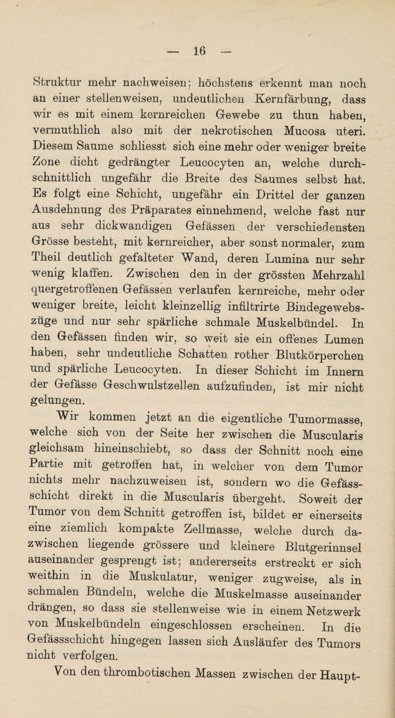 Struktur mehr nachweisen; höchstens erkennt man noch an einer stelienweisen, undeutlichen Kernfärbung, dass wir es mit einem kernreichen Gewebe zu thun haben, vermuthlich also mit der nekrotischen Mucosa uteri. Diesem Saume schliesst sich eine mehr oder weniger breite Zone dicht gedrängter Leucocyten an, welche durch¬ schnittlich ungefähr die Breite des Saumes selbst hat. Es folgt eine Schicht, ungefähr ein Drittel der ganzen Ausdehnung des Präparates einnehmend, welche fast nur aus sehr dickwandigen Gefässen der verschiedensten Grösse besteht, mit kernreicher, aber sonst normaler, zum Theil deutlich gefalteter Wand, deren Lumina nur sehr wenig klaffen. Zwischen den in der grössten Mehrzahl quergetroffenen Gefässen verlaufen kernreiche, mehr oder weniger breite, leicht kleinzellig infiltrirte Bindege webs- züge und nur sehr spärliche schmale Muskelbündel. In den Gefässen finden wir, so weit sie ein offenes Lumen haben, sehr undeutliche Schatten rother Blutkörperchen und spärliche Leucocyten. In dieser Schicht im Innern der Gefässe Geschwulstzellen aufzufinden, ist mir nicht gelungen. Wir kommen jetzt an die eigentliche Tumormasse, welche sich von der Seite her zwischen die Muscularis gleichsam hineinschiebt, so dass der Schnitt noch eine Partie mit getroffen hat, in welcher von dem Tumor nichts mehr nachzuweisen ist, sondern wo die Gefäss- schicht direkt in die Muscularis übergeht. Soweit der Tumor von dem Schnitt getroffen ist, bildet er einerseits eine ziemlich kompakte Zellmasse, welche durch da¬ zwischen liegende grössere und kleinere Blutgerinnsel auseinander gesprengt ist; andererseits erstreckt er sich weithin in die Muskulatur, weniger zugweise, als in schmalen Bündeln, welche die Muskelmasse auseinander diängen, so dass sie stellenweise wie in einem Netzwerk von Muskelbündeln eingeschlossen erscheinen. In die Gefässschicht hingegen lassen sich Ausläufer des Tumors nicht verfolgen. Von den thrombotischen Massen zwischen der Haupt-