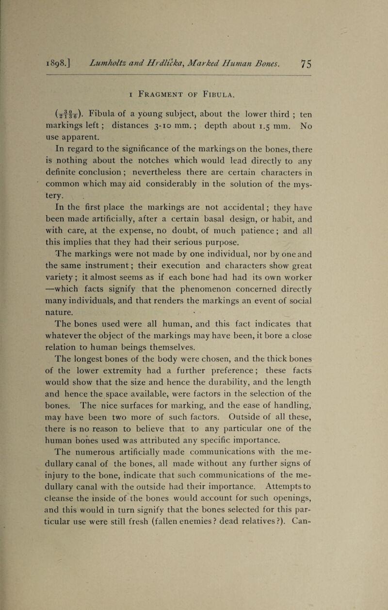 1 Fragment of Fibula. (sff-e). Fibula of a young subject, about the lower third ; ten markings left ; distances 3-10 mm. ; depth about 1.5 mm. No use apparent. In regard to the significance of the markings on the bones, there is nothing about the notches which would lead directly to any definite conclusion ; nevertheless there are certain characters in common which may aid considerably in the solution of the mys¬ tery. In the first place the markings are not accidental; they have been made artificially, after a certain basal design, or habit, and with care, at the expense, no doubt, of much patience; and all this implies that they had their serious purpose. The markings were not made by one individual, nor by one and the same instrument; their execution and characters show great variety; it almost seems as if each bone had had its own worker —which facts signify that the phenomenon concerned directly many individuals, and that renders the markings an event of social nature. The bones used were all human, and this fact indicates that whatever the object of the markings may have been, it bore a close relation to human beings themselves. The longest bones of the body were chosen, and the thick bones of the lower extremity had a further preference; these facts would show that the size and hence the durability, and the length and hence the space available, were factors in the selection of the bones. The nice surfaces for marking, and the ease of handling, may have been two more of such factors. Outside of all these, there is no reason to believe that to any particular one of the human bones used was attributed any specific importance. The numerous artificially made communications with the me¬ dullary canal of the bones, all made without any further signs of injury to the bone, indicate that such communications of the me¬ dullary canal with the outside had their importance. Attempts to cleanse the inside of the bones would account for such openings, and this would in turn signify that the bones selected for this par¬ ticular use were still fresh (fallen enemies? dead relatives?). Can-