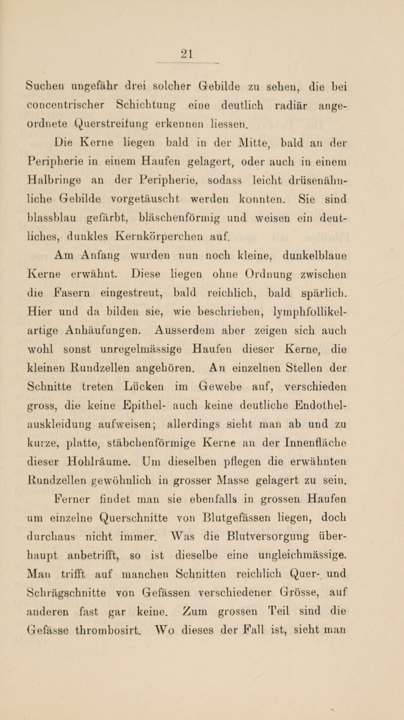 Suchen ungefähr drei solcher Gebilde zu sehen, die bei concentrischer Schichtung eine deutlich radiär ange¬ ordnete Querstreifung erkennen Hessen. Die Kerne liegen bald in der Mitte, bald an der Peripherie in einem Haufen gelagert, oder auch in einem Halbringe an der Peripherie, sodass leicht drüsenähn¬ liche Gebilde vorgetäuscht werden konnten. Sie sind blassblau gefärbt, bläschenförmig und weisen ein deut¬ liches, dunkles Kernkörpereben auf. Am Anfang wurden nun noch kleine, dunkelblaue Kerne erwähnt. Diese liegen ohne Ordnung zwischen die Fasern eingestreut, bald reichlich, bald spärlich. Hier und da bilden sie, wie beschrieben, lymphfollikel- artige Anhäufungen. Ausserdem aber zeigen sich auch wohl sonst unregelmässige Haufen dieser Kerne, die kleinen Rundzellen angehören. An einzelnen Stellen der Schnitte treten Lücken im Gewebe auf, verschieden gross, die keine Epithel- auch keine deutliche Endothel¬ auskleidung aufweisen; allerdings sieht man ab und zu kurze, platte, stäbchenförmige Kerne an der Innenfläche dieser Hohlräume. Um dieselben pflegen die erwähnten Rundzellen gewöhnlich in grosser Masse gelagert zu sein. Ferner findet man sie ebenfalls in grossen Haufen um einzelne Querschnitte von Blutgefässen liegen, doch durchaus nicht immer. Was die Blutversorgung über¬ haupt anbetrifft, so ist dieselbe eine ungleichmässige. Man trifft auf manchen Schnitten reichlich Quer- und Schrägschnitte von Gefässen verschiedener Grösse, auf anderen fast gar keine. Zum grossen Teil sind die Gefässe thrombosirt. Wo dieses der Fall ist, sieht man %