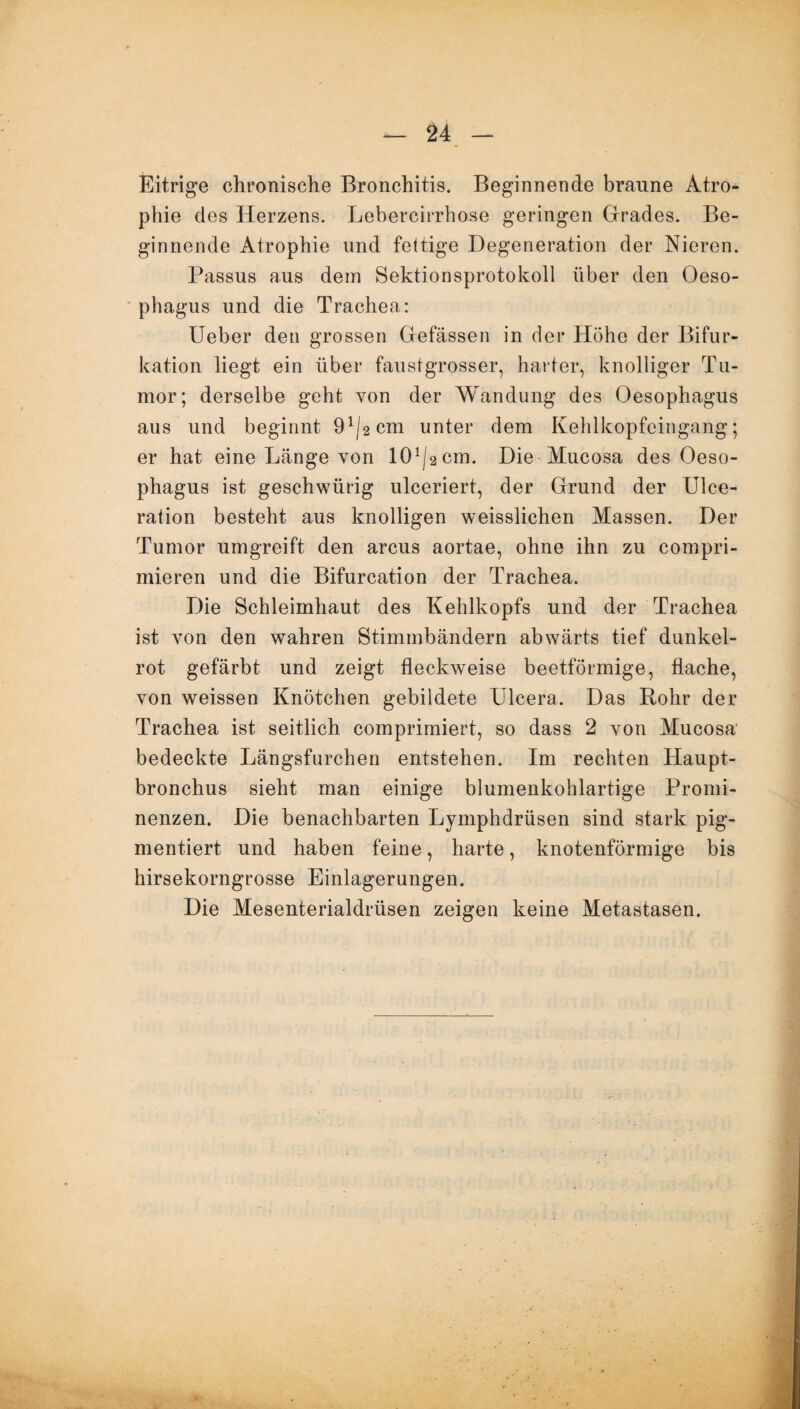 Eitrige chronische Bronchitis. Beginnende braune Atro¬ phie des Herzens. Lebercirrhose geringen Grades. Be¬ ginnende Atrophie und fettige Degeneration der Nieren. Passus aus dem Sektionsprotokoll über den Oeso¬ phagus und die Trachea: Ueber den grossen Gefässen in der Höhe der Bifur¬ kation liegt ein über faustgrosser, harter, knolliger Tu¬ mor; derselbe geht von der Wandung des Oesophagus aus und beginnt 9^2 cm unter dem Kehlkopfeingang; er hat eine Länge von lCP^cm. Die Mucosa des Oeso¬ phagus ist geschwürig ulceriert, der Grund der Ulce- ration besteht aus knolligen weisslichen Massen. Der Tumor umgreift den arcus aortae, ohne ihn zu compri- mieren und die Bifurcation der Trachea. Die Schleimhaut des Kehlkopfs und der Trachea ist von den wahren Stimmbändern abwärts tief dunkel¬ rot gefärbt und zeigt fleckweise beetförmige, flache, von weissen Knötchen gebildete Ulcera. Das Rohr der Trachea ist seitlich comprimiert, so dass 2 von Mucosa bedeckte Längsfurchen entstehen. Im rechten Haupt¬ bronchus sieht man einige blumenkohlartige Promi¬ nenzen. Die benachbarten Lymphdrüsen sind stark pig¬ mentiert und haben feine, harte, knotenförmige bis hirsekorngrosse Einlagerungen. Die Mesenterialdrüsen zeigen keine Metastasen.