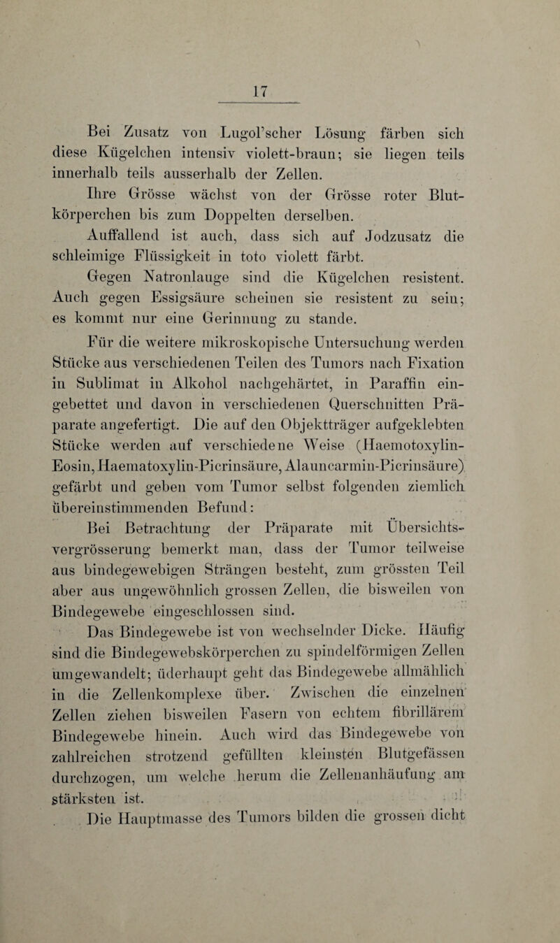 Bei Zusatz von LugoFscher Lösung färben sich diese Kügelchen intensiv violett-braun; sie liegen teils innerhalb teils ausserhalb der Zellen. Ihre Grösse wächst von der Grösse roter Blut¬ körperchen bis zum Doppelten derselben. Auffallend ist auch, dass sich auf Jodzusatz die schleimige Flüssigkeit in toto violett färbt. Gegen Natronlauge sind die Kügelchen resistent. Auch gegen Essigsäure scheinen sie resistent zu seiu; es kommt nur eine Gerinnung zu stände. Für die weitere mikroskopische Untersuchung werden Stücke aus verschiedenen Teilen des Tumors nach Fixation in Sublimat in Alkohol nachgehärtet, in Paraffin ein¬ gebettet und davon in verschiedenen Querschnitten Prä¬ parate angefertigt. Die auf den Objektträger aufgeklebten Stücke werden auf verschiedene Weise (Haemotoxylin- Eosin, Haematoxylin-Picrinsäure, Alauncarmin-Picrinsäure) gefärbt und geben vom Tumor selbst folgenden ziemlich übereinstimmenden Befund: Bei Betrachtung der Präparate mit Übersichts- vergrösserung bemerkt man, dass der Tumor teilweise aus bindegewebigen Strängen besteht, zum grössten Teil aber aus ungewöhnlich grossen Zellen, die bisweilen von Bindegewebe eingeschlossen sind. Das Bindegewebe ist von wechselnder Dicke. Häufig sind die Bindegewebskörperchen zu spindelförmigen Zellen umgewandelt; üderhaupt geht das Bindegewebe allmählich in die Zellenkomplexe über. Zwischen die einzelnen Zellen ziehen bisweilen Fasern von echtem fibrillärem Bindegewebe hinein. Auch wird das Bindegewebe von zahlreichen strotzend gefüllten kleinsten Blutgefässen durchzogen, um welche herum die Zellenanhäufung am stärksten ist. Die Hauptmasse des Tumors bilden die grossen dicht