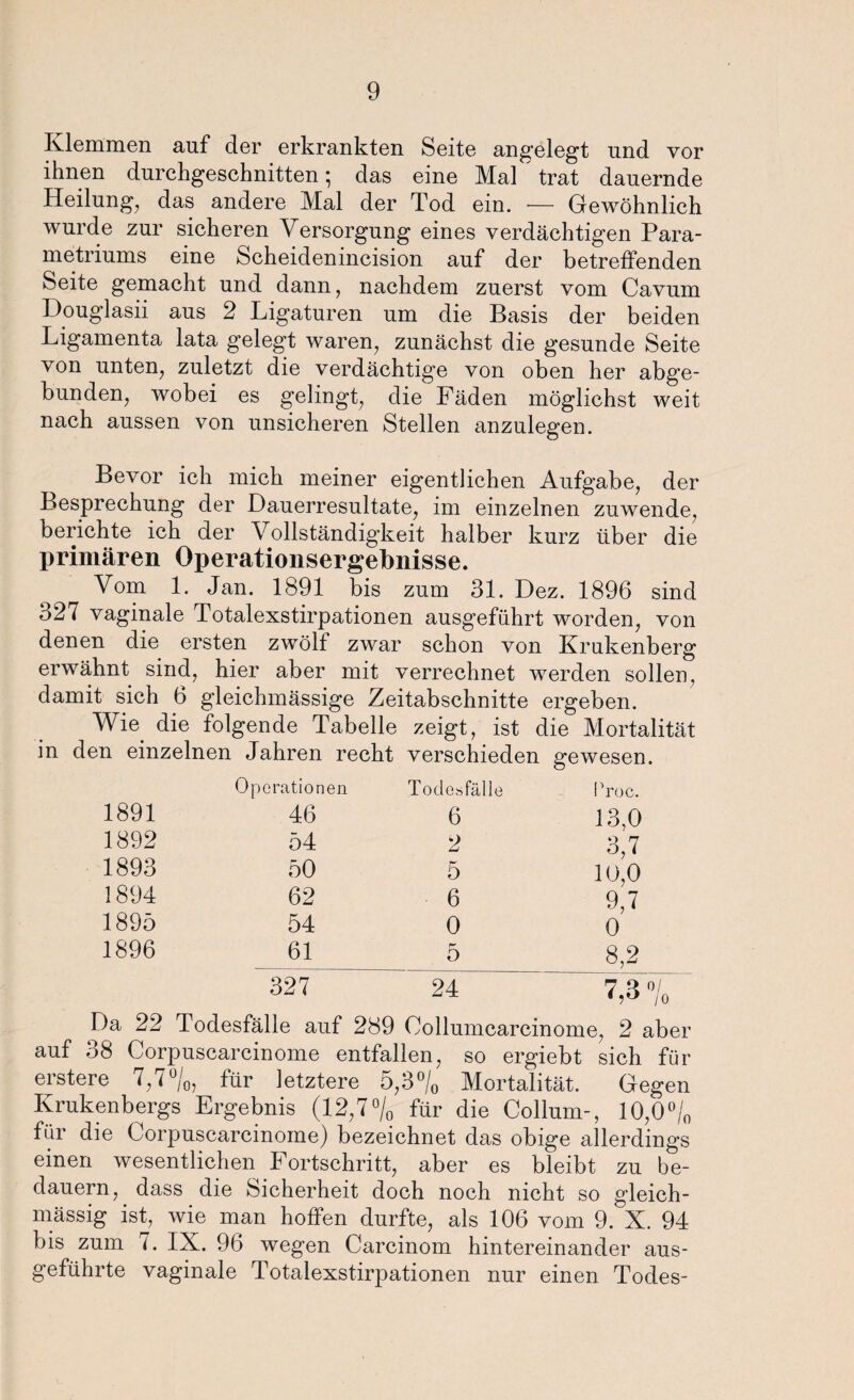 Klemmen auf der erkrankten Seite angelegt und vor ihnen durchgeschnitten; das eine Mal trat dauernde Heilung, das andere Mal der Tod ein. -— Gewöhnlich wurde zur sicheren Versorgung eines verdächtigen Para- metriums eine Scheidenincision auf der betreffenden Seite gemacht und dann, nachdem zuerst vom Cavum Douglasii aus 2 Ligaturen um die Basis der beiden Ligamenta lata gelegt waren, zunächst die gesunde Seite von unten, zuletzt die verdächtige von oben her abge¬ bunden, wobei es gelingt, die Fäden möglichst weit nach aussen von unsicheren Stellen anzulegen. Bevor ich mich meiner eigentlichen Aufgabe, der Besprechung der Dauerresultate, im einzelnen zuwende, berichte ich der Vollständigkeit halber kurz über die primären Operationsergebnisse. Vom 1. Jan. 1891 bis zum 31. Dez. 1896 sind 327 vaginale Totalexstirpationen ausgeführt worden, von denen die ersten zwölf zwar schon von Krukenberg erwähnt sind, hier aber mit verrechnet werden sollen, damit sich 6 gleichmässige Zeitabschnitte ergeben. Wie die folgende Tabelle zeigt, ist die Mortalität in den einzelnen Jahren recht verschieden gewesen. Operationen Todesfälle Proc. 1891 46 6 13,0 1892 54 2 3,7 1893 50 5 10,0 1894 62 6 9,7 1895 54 0 0 1896 61 5 8,2 327 24 7,3»/, Da 22 Todesfälle auf 289 Oollumcarcinome, 2 aber auf 38 Corpuscarcinome entfallen, so ergiebt sich für erstere 7,7%, für letztere 5,3% Mortalität. Gegen Krukenbergs Ergebnis (12,7% für die Collum-, 10,0% für die Corpuscarcinome) bezeichnet das obige allerdings einen wesentlichen Fortschritt, aber es bleibt zu be¬ dauern, dass die Sicherheit doch noch nicht so gleich- mässig ist, wie man hoffen durfte, als 106 vom 9. X. 94 bis zum 7. IX. 96 wegen Carcinom hintereinander aus¬ geführte vaginale Totalexstirpationen nur einen Todes-