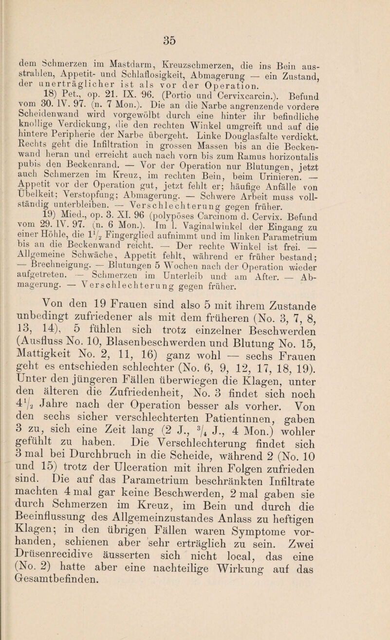 dem Schmerzen im Mastdarm, Kreuzschmerzen, die ins Bein aus¬ strahlen, Appetit- und Schlaflosigkeit, Abmagerung — ein Zustand, der unerträglicher ist als vor der Operation. 18) Pet., op. 21. IX. 96. (Portio und Cervixcarcin.). Befund vom 30. IV. 97. (n. 7 Mon.). Die an die Narbe angrenzende vordere Scheidenwand, wird vorgewölbt durch eine hinter ihr befindliche knollige Verdickung, die den rechten Winkel umgreift und auf die hintere Peripherie der Narbe übergeht. Linke Douglasfalte verdickt. Rechts geht die Infiltration in grossen Massen bis an die Becken¬ wand heran und erreicht auch nach vorn bis zum Ramus horizontalis pubis den Beckenrand. — Vor der Operation nur Blutungen, jetzt auch Schmerzen im Kreuz, im rechten Bein, beim Urinieren. — Appetit vor der Operation gut, jetzt fehlt er; häufige Anfälle ’xon Übelkeit; Verstopfung; Abmagerung. — Schwere Arbeit muss voll¬ ständig unterbleiben. — Verschlechterung gegen früher. 19) Mied., op. 3. XI. 96 (polypöses Carcinom d. Cervix. Befund vom 29. I\ . 97. (n. 6 Mon.). Im 1. Vaginalwinkel der Eingang zu einei Höhle, die 11/a Fingerglied aufnimmt und im linken Parametrium bis an die Beckenwand reicht. — Der rechte ^Vinkel ist frei. _ Allgemeine. Schwäche, Appetit fehlt, während er früher bestand;  Biechneigung.^ Blutungen 5 Wochen nach der Operation wieder aufgetreten. — Schmerzen im Unterleib und am After. — Ab¬ magerung. — Verschlechterung gegen früher. Von den 19 Frauen sind also 5 mit ihrem Zustande unbedingt zufriedener als mit dem früheren (No. 3, 7, 8, 13, 14), 5 Hihlen sich trotz einzelner Beschwerden (Ausfluss No. 10, Blasenbeschwerden und Blutung No. 15, Mattigkeit No. 2, 11, 16) ganz wohl — sechs Frauen geht es entschieden schlechter (No. 6, 9, 12, 17, 18, 19). Unter den jüngeren Fällen überwiegen die Klagen, unter den älteren die Zufriedenheit, No. 3 findet sich noch 4 Va Jahre nach der Operation besser als vorher. Von den sechs sicher verschlechterten Patientinnen, gaben 3 zu, sich eine Zeit lang (2 J., 3/4 J., 4 Mon.) wohler gefühlt zu haben. Die Verschlechterung findet sich 3 mal bei Durchbruch in die Scheide, während 2 (No. 10 und 15) trotz der Ulceration mit ihren Folgen zufrieden sind. Die auf das Parametrium beschränkten Infiltrate machten 4 mal gar keine Beschwerden, 2 mal gaben sie durch Schmerzen im Kreuz, im Bein und durch die Beeinflussung des Allgemeinzustandes Anlass zu heftigen Klagen* in den übrigen Fällen waren Symptome vor¬ handen, schienen aber sehr erträglich zu sein. Zwei Drtisenrecidive äusserten sich nicht local, das eine (No. 2) hatte aber eine nachteilige Wirkung auf das Gesamtbefinden.
