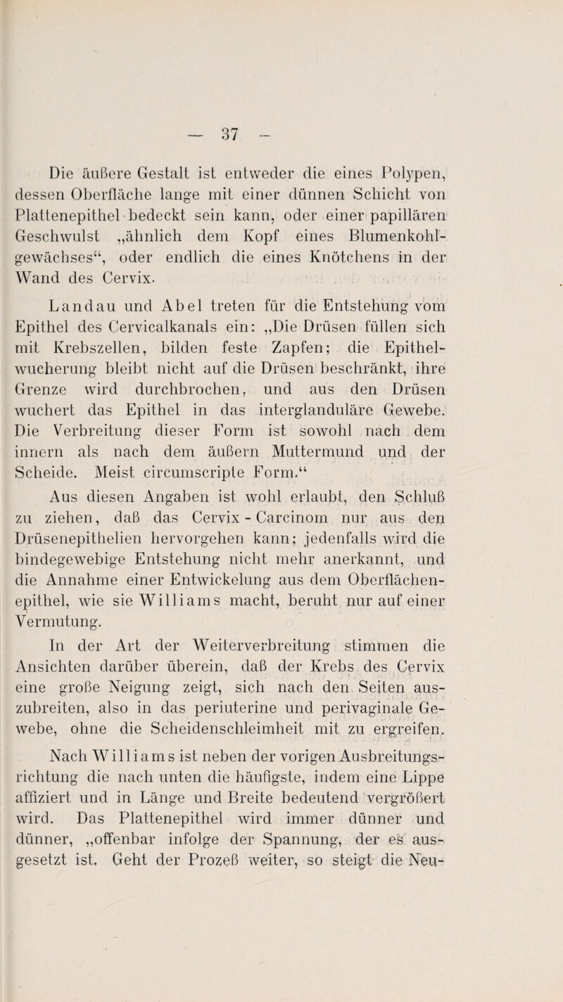 Die äußere Gestalt ist entweder die eines Polypen, dessen Oberfläche lange mit einer dünnen Schicht von Plattenepithel bedeckt sein kann, oder einer papillären Geschwulst ,,ähnlich dem Kopf eines Blumenkohl- gewächses“, oder endlich die eines Knötchens in der Wand des Cervix. Landau und Abel treten für die Entstehung vom Epithel des Cervicalkanals ein: „Die Drüsen füllen sich mit Krebszellen, bilden feste Zapfen; die Epithel¬ wucherung bleibt nicht auf die Drüsen beschränkt, ihre Grenze wird durchbrochen, und aus den Drüsen wuchert das Epithel in das interglandulärc Gewebe. Die Verbreitung dieser Form ist sowohl nach dem innern als nach dem äußern Muttermund und der Scheide. Meist circumscripte Form.“ Aus diesen Angaben ist wohl erlaubt, den Schluß zu ziehen, daß das Cervix - Carcinom nur aus den Drüsenepithelien hervorgehen kann; jedenfalls wird die bindegewebige Entstehung nicht mehr anerkannt, und die Annahme einer Entwickelung aus dem Oberflächen¬ epithel, wie sie Williams macht, beruht nur auf einer Vermutung. In der Art der Weiterverbreitung stimmen die Ansichten darüber überein, daß der Krebs des Cervix eine große Neigung zeigt, sich nach den Seiten aus¬ zubreiten, also in das periuterine und perivaginale Ge¬ webe, ohne die Scheidenschleimheit mit zu ergreifen. Nach Williams ist neben der vorigen Ausbreitungs¬ richtung die nach unten die häufigste, indem eine Lippe affiziert und in Länge und Breite bedeutend vergrößert wird. Das Plattenepithel wird immer dünner und dünner, „offenbar infolge der Spannung, der es aus¬ gesetzt ist, Geht der Prozeß weiter, so steigt die Neu-