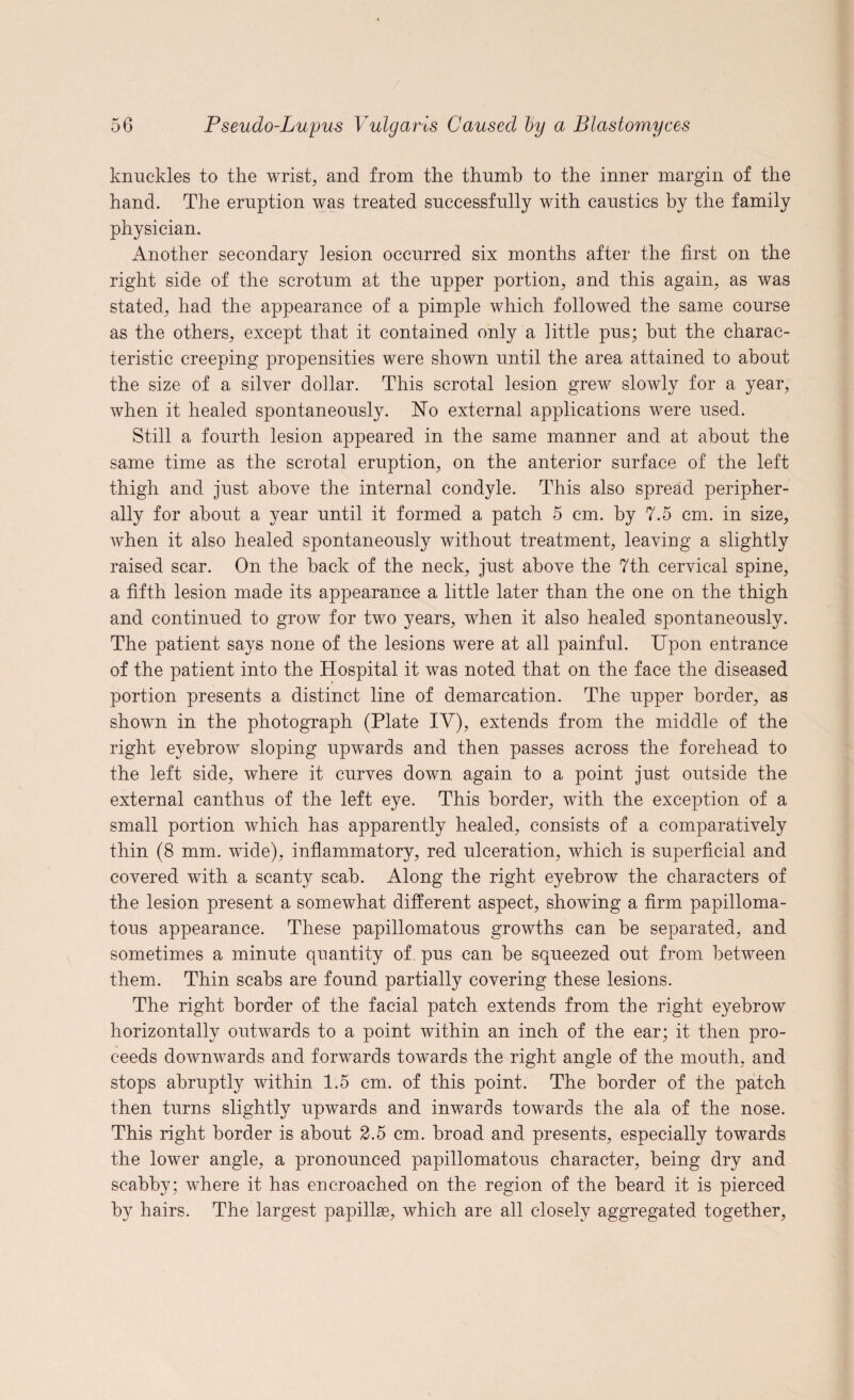 knuckles to the wrist, and from the thumb to the inner margin of the hand. The eruption was treated successfully with caustics by the family physician. Another secondary lesion occurred six months after the first on the right side of the scrotum at the upper portion, and this again, as was stated, had the appearance of a pimple which followed the same course as the others, except that it contained only a little pus; hut the charac¬ teristic creeping propensities were shown until the area attained to about the size of a silver dollar. This scrotal lesion grew slowly for a year, when it healed spontaneously. No external applications were used. Still a fourth lesion appeared in the same manner and at about the same time as the scrotal eruption, on the anterior surface of the left thigh and just above the internal condyle. This also spread peripher¬ ally for about a year until it formed a patch 5 cm. by 7.5 cm. in size, when it also healed spontaneously without treatment, leaving a slightly raised scar. On the hack of the neck, just above the 7th cervical spine, a fifth lesion made its appearance a little later than the one on the thigh and continued to grow for two years, when it also healed spontaneously. The patient says none of the lesions were at all painful. Upon entrance of the patient into the Hospital it was noted that on the face the diseased portion presents a distinct line of demarcation. The upper border, as shown in the photograph (Plate IY), extends from the middle of the right eyebrow sloping upwards and then passes across the forehead to the left side, where it curves down again to a point just outside the external canthus of the left eye. This border, with the exception of a small portion which has apparently healed, consists of a comparatively thin (8 mm. wide), inflammatory, red ulceration, which is superficial and covered with a scanty scab. Along the right eyebrow the characters of the lesion present a somewhat different aspect, showing a firm papilloma¬ tous appearance. These papillomatous growths can he separated, and sometimes a minute quantity of pus can he squeezed out from between them. Thin scabs are found partially covering these lesions. The right border of the facial patch extends from the right eyebrow horizontally outwards to a point within an inch of the ear; it then pro¬ ceeds downwards and forwards towards the right angle of the mouth, and stops abruptly within 1.5 cm. of this point. The border of the patch then turns slightly upwards and inwards towards the ala of the nose. This right border is about 2.5 cm. broad and presents, especially towards the lower angle, a pronounced papillomatous character, being dry and scabby; where it has encroached on the region of the beard it is pierced by hairs. The largest papillae, which are all closely aggregated together,