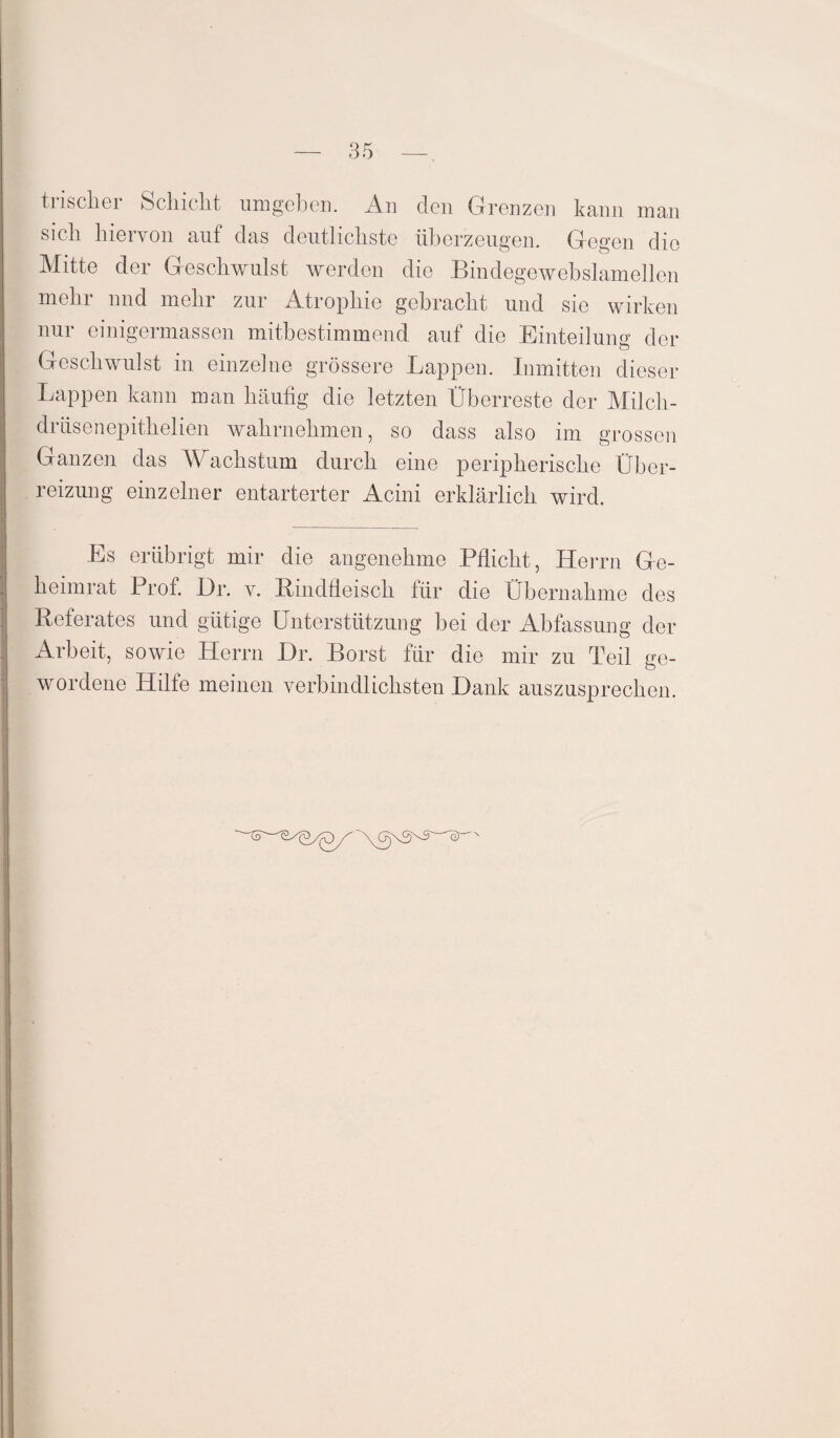 irischer Schicht umgeben. An den Grenzen kann man sich hiervon auf das deutlichste überzeugen. Gegen die Mitte der Geschwulst werden die Bindegewebslamellen mehr und mehr zur Atrophie gebracht und sie wirken nur einigermassen mitbestimmend auf die Einteilung der Geschwulst in einzelne grössere Lappen. Inmitten dieser Lappen kann man häufig die letzten Überreste der Milch- diüsenepithelien wahrnehmen, so dass also im grossen Ganzen das Wachstum durch eine peripherische Über¬ reizung einzelner entarterter Acini erklärlich wird. Es erübrigt mir die angenehme Pflicht, Herrn Ge¬ heimrat Prof. JDr. v. Rindfleisch für die Übernahme des Referates und gütige Unterstützung bei der Abfassung der Arbeit, sowie Herrn L>r. Borst für die mir zu Teil ge¬ wordene Hilfe meinen verbindlichsten Hank auszusprechen.
