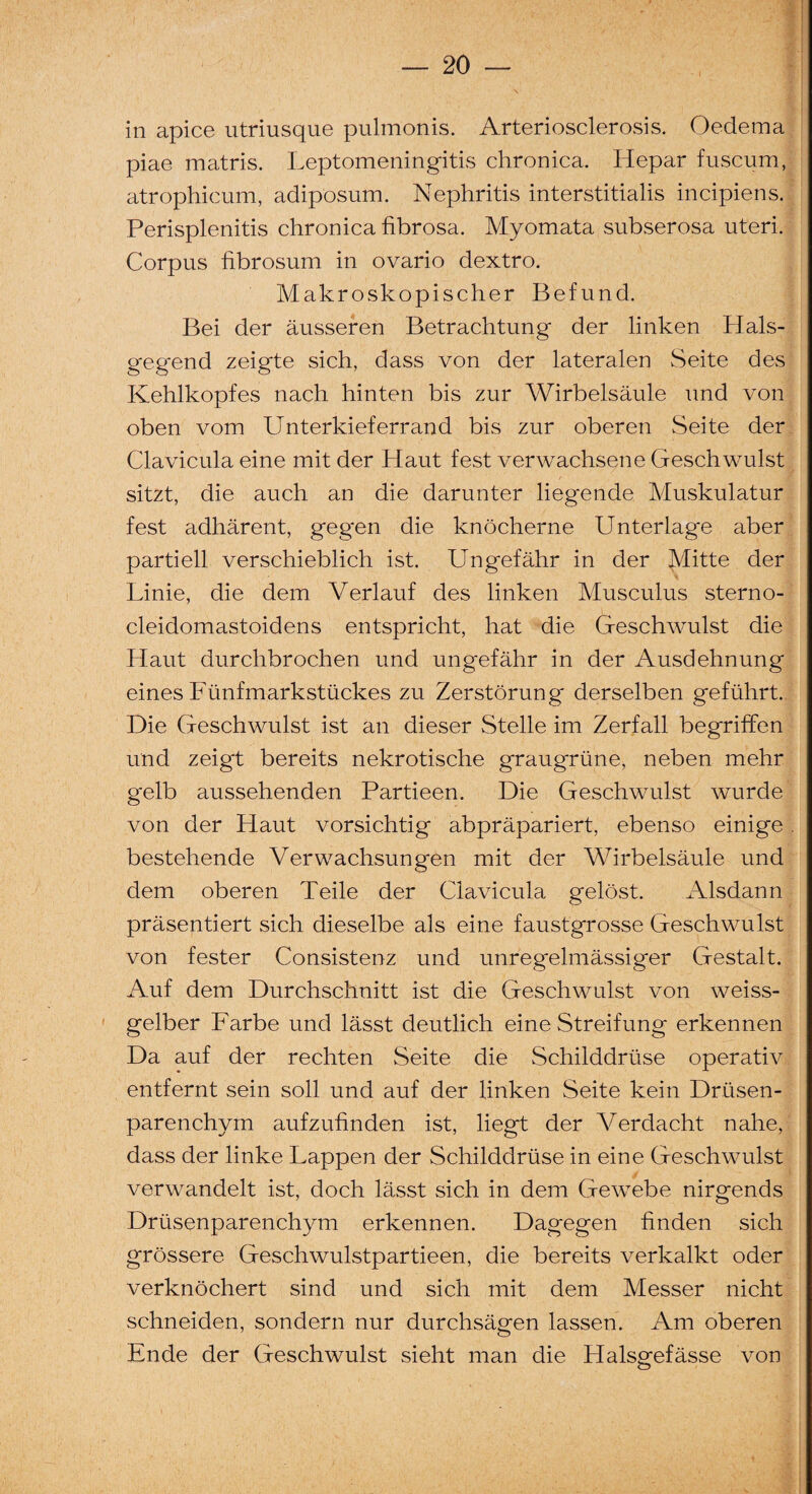 in apice utriusque pulmonis. Arteriosclerosis. Oedema piae matris. Leptomeningitis chronica. Hepar fuscum, atrophicum, adiposum. Nephritis interstitialis incipiens. Perisplenitis chronica fibrosa. Myomata subserosa uteri. Corpus fibrös um in ovario dextro. Makroskopischer Befund. Bei der äusseren Betrachtung der linken Hals¬ gegend zeigte sich, dass von der lateralen Seite des Kehlkopfes nach hinten bis zur Wirbelsäule und von oben vom Unterkieferrand bis zur oberen Seite der Clavicula eine mit der Haut fest verwachsene Geschwulst sitzt, die auch an die darunter liegende Muskulatur fest adhärent, gegen die knöcherne Unterlage aber partiell verschieblich ist. Ungefähr in der Mitte der Linie, die dem Verlauf des linken Musculus sterno- cleidomastoidens entspricht, hat die Geschwulst die Haut durchbrochen und ungefähr in der Ausdehnung eines Fünfmarkstückes zu Zerstörung derselben geführt. Die Geschwulst ist an dieser Stelle im Zerfall begriffen und zeigt bereits nekrotische graugrüne, neben mehr gelb aussehenden Partieen. Die Geschwulst wurde von der Haut vorsichtig abpräpariert, ebenso einige bestehende Verwachsungen mit der Wirbelsäule und dem oberen Teile der Clavicula gelöst. Alsdann präsentiert sich dieselbe als eine faustgrosse Geschwulst von fester Consistenz und unregelmässiger Gestalt. Auf dem Durchschnitt ist die Geschwulst von weiss¬ gelber Farbe und lässt deutlich eine Streifung erkennen Da auf der rechten Seite die Schilddrüse operativ entfernt sein soll und auf der linken Seite kein Drüsen¬ parenchym aufzufinden ist, liegt der Verdacht nahe, dass der linke Lappen der Schilddrüse in eine Geschwulst verwandelt ist, doch lässt sich in dem Gewebe nirgends Drüsenparenchym erkennen. Dagegen finden sich grössere Geschwulstpartieen, die bereits verkalkt oder verknöchert sind und sich mit dem Messer nicht schneiden, sondern nur durchsägen lassen. Am oberen Ende der Geschwulst sieht man die Halsgefässe von