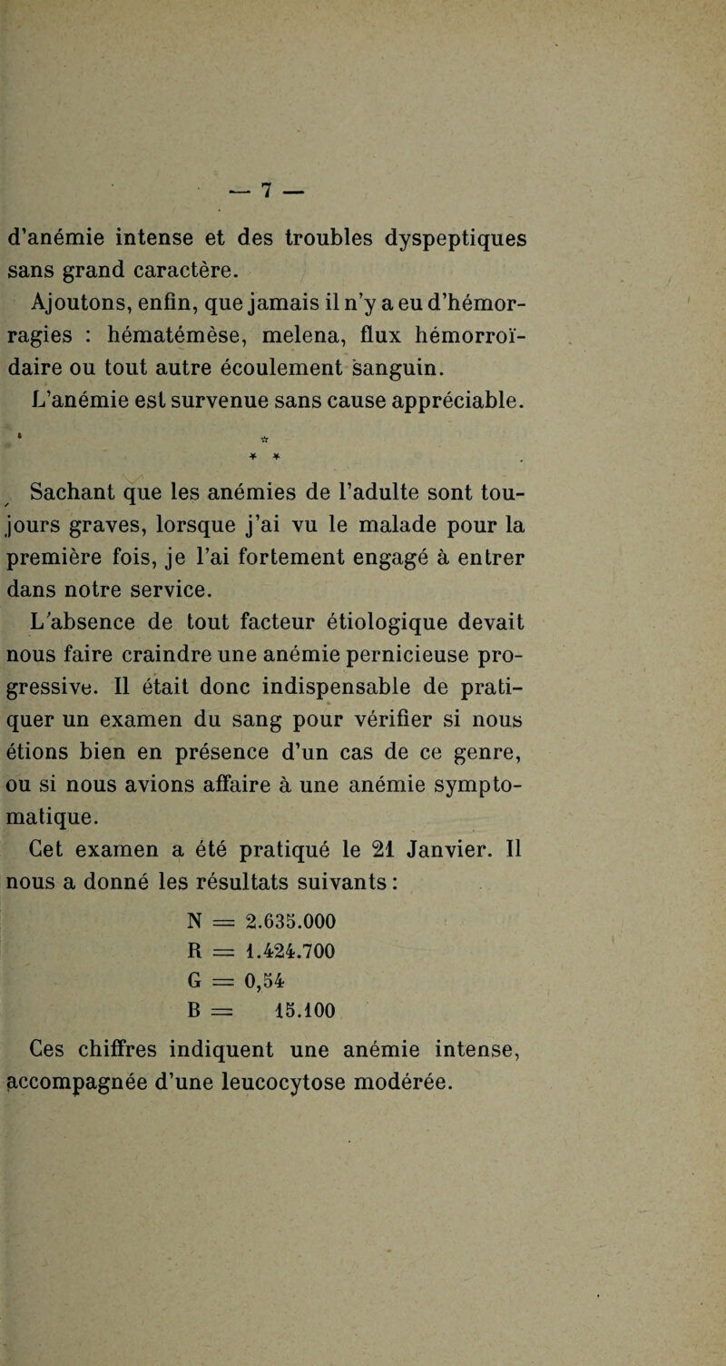 d’anémie intense et des troubles dyspeptiques sans grand caractère. Ajoutons, enfin, que jamais il n’y a eu d’hémor¬ ragies : hématémèse, melena, flux hémorroï- daire ou tout autre écoulement sanguin. L’anémie est survenue sans cause appréciable. * * * * Sachant que les anémies de l’adulte sont tou¬ jours graves, lorsque j’ai vu le malade pour la première fois, je l’ai fortement engagé à entrer dans notre service. L’absence de tout facteur étiologique devait nous faire craindre une anémie pernicieuse pro¬ gressive. Il était donc indispensable de prati- quer un examen du sang pour vérifier si nous étions bien en présence d’un cas de ce genre, ou si nous avions affaire à une anémie sympto¬ matique. Cet examen a été pratiqué le 21 Janvier. Il nous a donné les résultats suivants : N = 2.635.000 R == 1.424.700 G == 0,54 B == 15.100 Ces chiffres indiquent une anémie intense, accompagnée d’une leucocytose modérée.