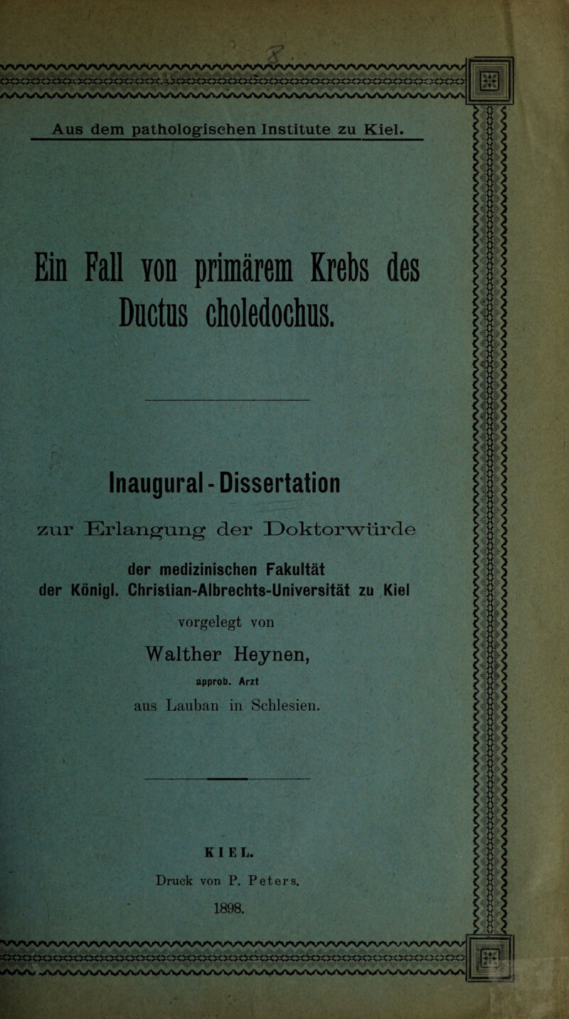 ^AAArvWVVVW^AA^V^AAAAAAA/VV^AAA^VWW^A^A)VV^ ■HtVirViiAiilflt jälrdtlVf1* fhimr'i 1J'11 !*■ '''•' -4': •|I11' ■'> tf-KCufMMlt u'lh vi'ii, j;II1'.«>.,:lli,...' illUi. ' i ..■i«IAi-.-il!(i>.,iliri|i>i!illi- 4t. 4ii.„i:11'- ' H1'W f |,|M|il!.i|[|l!!l'-.;||ir»|i|li1.:|!. ;■ ;,'v A/V/V/VV/V4V/s/v/v/V/v/V/V/v/s/V/V/v/\4\yv/vv/V/vyv/V/V4Wv/vyvA^ Aus dem pathologischen Institute zu Kiel. Ein Fall von primärem Krebs des Ductns cboledochus. Inaugural-Dissertation zur Erlangung der Doktorwürde der medizinischen Fakultät der Königl. Christian-Albrechts-Universität zu Kiel yorgelegt von Walther Heynen, approb. Arzt aus Lauban in Schlesien. KIEL. Druck von P. Peters. E/. ‘ 1898. '-li-J'ti.uv ,.,■■■ t-f, > irtllh./jll1:li. . W., ■':i fr ■ ■Nf WI);•• 'V’V'!.'>!/'W!,l'i,i<!'•iW'»i|j:1 :;V|'‘lil'i AAA; -AAAAAAAAAA/WWVAA,AAAAAAAAAAAAAAAAAAAAAAA/V