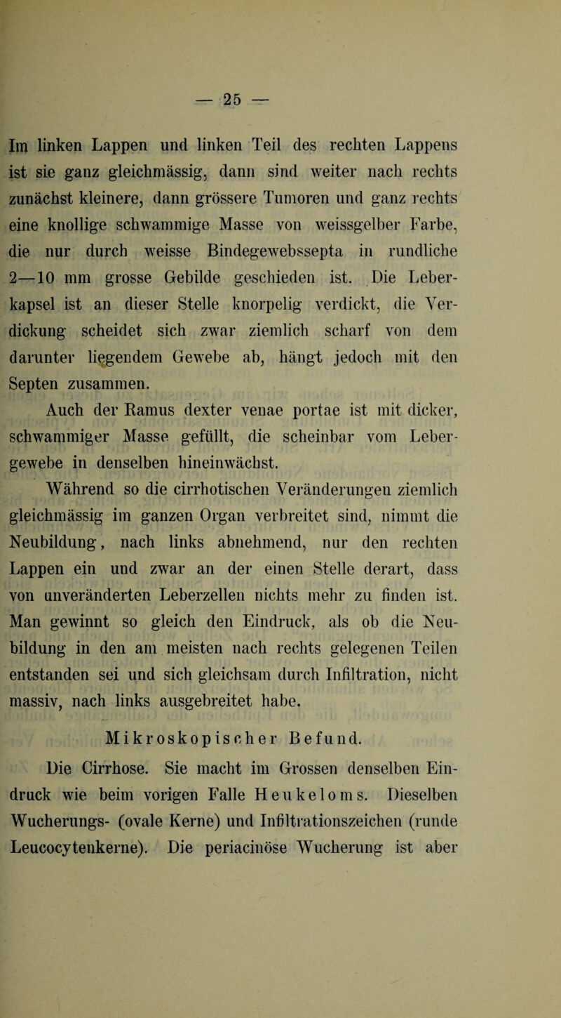 Im linken Lappen und linken Teil des reckten Lappens ist sie ganz gleichmässig, dann sind weiter nach rechts zunächst kleinere, dann grössere Tumoren und ganz rechts eine knollige schwammige Masse von weissgelber Farbe, die nur durch weisse Bindegewebssepta in rundliche 2—10 mm grosse Gebilde geschieden ist. Die Leber¬ kapsel ist an dieser Stelle knorpelig verdickt, die Ver¬ dickung scheidet sich zwar ziemlich scharf von dem darunter liegendem Gewebe ab, hängt jedoch mit den Septen zusammen. Auch der Ramus dexter venae portae ist mit dicker, schwammiger Masse gefüllt, die scheinbar vom Leber¬ gewebe in denselben hineinwächst. Während so die cirrhotischen Veränderungen ziemlich gleichmässig im ganzen Organ verbreitet sind, nimmt die Neubildung, nach links abnehmend, nur den rechten Lappen ein und zwar an der einen Stelle derart, dass von unveränderten Leberzellen nichts mehr zu finden ist. Man gewinnt so gleich den Eindruck, als ob die Neu¬ bildung in den am meisten nach rechts gelegenen Teilen entstanden sei und sich gleichsam durch Infiltration, nicht massiv, nach links ausgebreitet habe. Mikroskopischer Befund. Die Cirrhose. Sie macht im Grossen denselben Ein¬ druck wie beim vorigen Falle Heukeloms. Dieselben Wucherungs- (ovale Kerne) und Infiltrationszeichen (runde Leucocytenkerne). Die periacinöse Wucherung ist aber