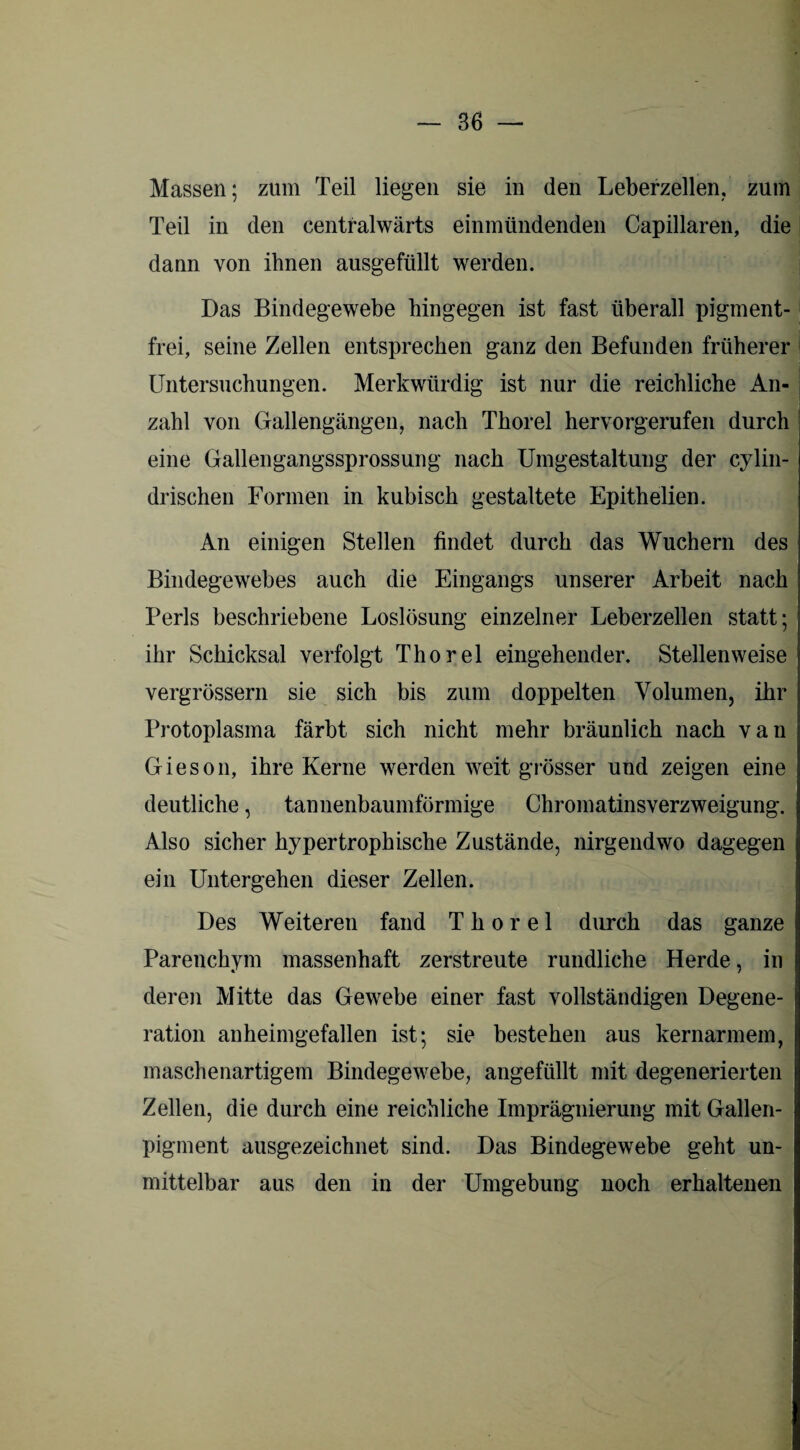 Massen; zum Teil liegen sie in den Leberzellen, zum Teil in den centralwärts einmündenden Capillaren, die dann von ihnen ausgefüllt werden. Das Bindegewebe hingegen ist fast überall pigment¬ frei, seine Zellen entsprechen ganz den Befunden früherer Untersuchungen. Merkwürdig ist nur die reichliche An¬ zahl von Gallengängen, nach Thorei hervorgerufen durch eine Gallengangssprossung nach Umgestaltung der cylin- drischen Formen in kubisch gestaltete Epithelien. An einigen Stellen findet durch das Wuchern des Bindegewebes auch die Eingangs unserer Arbeit nach Perls beschriebene Loslösung einzelner Leberzellen statt; ihr Schicksal verfolgt Thorei eingehender. Stellenweise vergrössern sie sich bis ziun doppelten Volumen, ihr Protoplasma färbt sich nicht mehr bräunlich nach van Gieson, ihre Kerne werden weit grösser und zeigen eine deutliche, tannenbaumförmige Chromatinsverzweigung. Also sicher hypertrophische Zustände, nirgendwo dagegen ein Untergehen dieser Zellen. Des Weiteren fand T h o r e 1 durch das ganze Parenchym massenhaft zerstreute rundliche Herde, in deren Mitte das Gewebe einer fast vollständigen Degene¬ ration anheimgefallen ist; sie bestehen aus kernarmem, maschenartigem Bindegewebe, angefüllt mit degenerierten Zellen, die durch eine reichliche Imprägnierung mit Gallen- pigment ausgezeichnet sind. Das Bindegewebe geht un¬ mittelbar aus den in der Umgebung noch erhaltenen