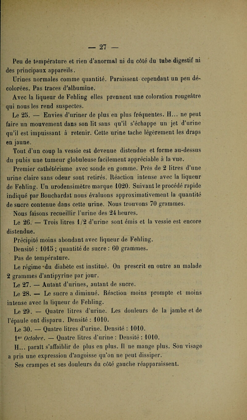 Peu de température et rien d’anormal ni du côté du tube digestif ni des principaux appareils. Urines normales comme quantité. Paraissent cependant un peu dé¬ colorées. Pas traces d’albumine. Avec la liqueur de Fehling elles prennent une coloration rougeâtre qui nous les rend suspectes. Le 25. — Envies d’uriner de plus en plus fréquentes. H... ne peut faire un mouvement dans son lit sans qu’il s’échappe un jet d’urine qu’il est impuissant à retenir. Cette urine tache légèrement les draps en jaune. Tout d’un coup la vessie est devenue distendue et forme au-dessus du pubis une tumeur globuleuse facilement appréciable à la vue. Premier cathétérisme avec sonde en gomme. Près de 2 litres d’une urine claire sans odeur sont retirés. Réaction intense avec la liqueur de Fehling. Un urodensimètre marque 1020. Suivant le procédé rapide indiqué par Bouchardat nous évaluons approximativement la quantité de sucre contenue dans cette urine. Nous trouvons 70 grammes. Nous faisons recueillir l’urine des 24 heures. Le 26. — Trois litres 1/2 d’urine sont émis et la vessie est encore distendue. Précipité moins abondant avec liqueur de Fehling. Densité : 1015 ; quantité de sucre : 60 grammes. Pas de température. Le régime-du diabète est institué. On prescrit en outre au malade 2 grammes d’antipyrine par jour. Le 27. — Autant d’urines, autant de sucre. Le 28. — Le sucre a diminué. Réaction moins prompte et moins intense avec la liqueur de Fehling. Le 29. — Quatre litres d’urine. Les douleurs de la jambe et de l’épaule ont disparu. Densité : 1010. Le 30. — Quatre litres d’urine. Densité : 1010. 1er Octobre. — Quatre litres d’urine : Densité : 1010. H... paraît s’affaiblir de plus en plus. Il ne mange plus. Son visage a pris une expression d’angoisse qu’on ne peut dissiper. Ses crampes et ses douleurs du côté gauche réapparaissent.