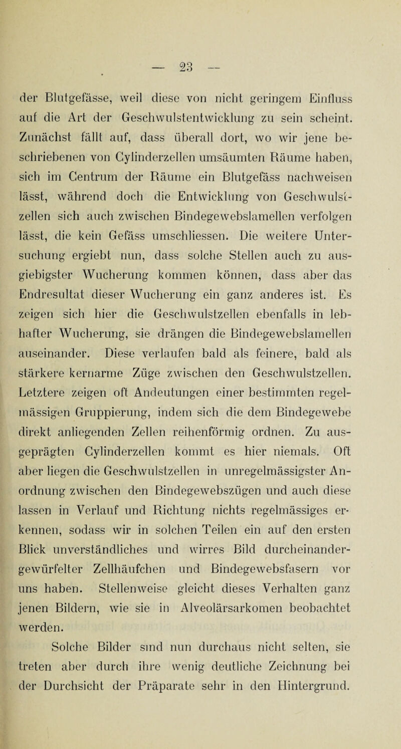 der Blutgefässe, weil diese von nicht geringem Einfluss auf die Art der Geschwulstentwicklung zu sein scheint. Zunächst fällt auf, dass überall dort, wo wir jene be¬ schriebenen von Cylinderzellen umsäumten Räume haben, sich im Gentrum der Räume ein Blutgefäss nachweisen lässt, während doch die Entwicklung von Geschwulst- zellen sich auch zwischen Bindegewebslamellen verfolgen lässt, die kein Gefäss umschliessen. Die weitere Unter¬ suchung ergiebt nun, dass solche Stellen auch zu aus¬ giebigster Wucherung kommen können, dass aber das Endresultat dieser Wucherung ein ganz anderes ist. Es zeigen sich hier die Geschwulstzellen ebenfalls in leb¬ hafter Wucherung, sie drängen die Bindegewebslamellen auseinander. Diese verlaufen bald als feinere, bald als stärkere kernarme Züge zwischen den Geschwulstzellen. Letztere zeigen oft Andeutungen einer bestimmten regel¬ mässigen Gruppierung, indem sich die dem Bindegewebe direkt anliegenden Zellen reihenförmig ordnen. Zu aus¬ geprägten Cylinderzellen kommt es hier niemals. Oft aber liegen die Geschwulstzellen in unregelmässigster An¬ ordnung zwischen den Bindegewebszügen und auch diese lassen in Verlauf und Richtung nichts regelmässiges er¬ kennen, sodass wir in solchen Teilen ein auf den ersten Blick unverständliches und wirres Bild durcheinander¬ gewürfelter Zellhäufchen und Bindegewebsfasern vor uns haben. Stellenweise gleicht dieses Verhalten ganz jenen Bildern, wie sie in Alveolärsarkomen beobachtet werden. Solche Bilder sind nun durchaus nicht selten, sie treten aber durch ihre wenig deutliche Zeichnung bei der Durchsicht der Präparate sehr in den Hintergrund.