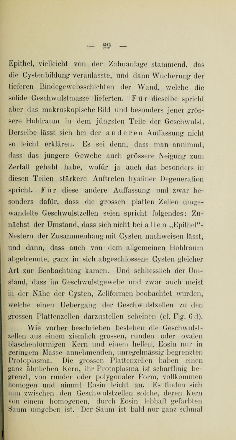 Epithel, vielleicht von der Zahnanlage stammend, das die Cystenbildung veranlasste, und dann Wucherung der tieferen Bindegewebsschichten der Wand, welche die solide Geschwulstmasse lieferten. Für dieselbe spricht aber das makroskopische Bild und besonders jener grös¬ sere Hohlraum in dem jüngsten Teile der Geschwulst. Derselbe lässt sich bei der anderen Auffassung nicht so leicht erklären. Es sei denn, dass man annimmt, dass das jüngere Gewebe auch grössere Neigung zum Zerfall gehabt habe, wofür ja auch das besonders in diesen Teilen stärkere Auftreten hyaliner Degeneration spricht. Für diese andere Auffassung und zwar be¬ sonders dafür, dass die grossen platten Zellen umge¬ wandelte Geschwulstzellen seien spricht folgendes: Zu¬ nächst der Umstand, dass sich nicht bei allen „Epithel- Nestern der Zusammenhang mit Cysten nachweisen lässt, und dann, dass auch von dem allgemeinen Hohlraum ahgetrennte, ganz in sich abgeschlossene Cysten gleicher Art zur Beobachtung kamen. Und schliesslich der Um¬ stand, dass im Geschwulstgewebe und zwar auch meist in der Nähe der Cysten, Zellformen beobachtet wurden, welche einen Uebergang der Geschwulstzellen zu den grossen Plattenzellen darzustellen scheinen (cf. Fig. G d). * Wie vorher beschrieben bestehen die Geschwulst¬ zellen aus einem ziemlich grossen, runden oder ovalen bläschentörmigen Kern und einem hellen, Eosin nur in geringem Masse annehmenden, unregelmässig begrenzten Protoplasma. Die grossen Plattenzellen haben einen ganz ähnlichen Kern, ihr Protoplasma ist scharflinig be¬ grenzt, von runder oder polygonaler Form, vollkommen homogen und nimmt Eosin leicht an. Es finden sich nun zwischen den Geschwulstzellen solche, deren Kern von einem homogenen, durch Eosin lebhaft gefärbten I Saum umgeben ist. Der Saum ist bald nur ganz schmal