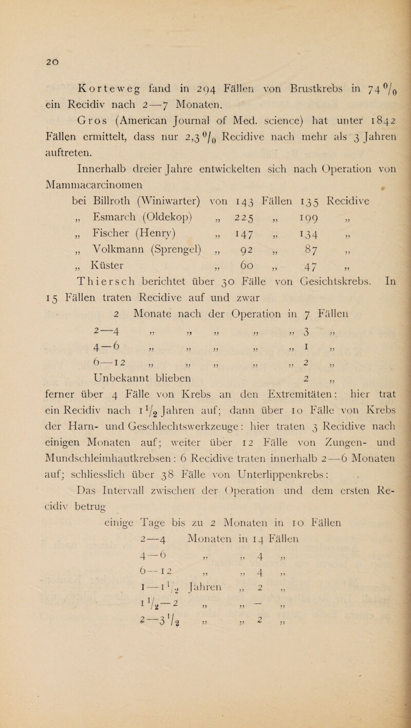 Körte weg fand in 294 Fällen von Brustkrebs in 74 °/0 ein Recidiv nach 2 — 7 Monaten. Gros (American Journal of Med. Science) hat unter 1842 Fällen ermittelt, dass nur 2,3 °/() Recidive nach mehr als 3 Jahren auftreten. Innerhalb dreier Jahre entwickelten sich nach Operation von Mammacarcinomen bei Billroth (Winiwarter) von 14 3 Fällen 135 Recidive „ Esmarch (Oldekop) 77 225 „ 199 „ Fischer (Henry) 77 147 134 ,, Volkmann (Sprengel) 77 92 87 „ Küster 7? 60 47 Thier sch berichtet über 30 Fälle von Fällen traten Recidive auf und zwar Gesichtskrebs. 2 Monate nach der Operation in 7 Fällen 2 4 55 j) 77 7 7 7 ? 3 ” 4 — 6 7? 77 77 1 ö 12 ,, ,, 77 7 7 7 7 9 ^ 77 In Unbekannt blieben 2 „ ferner über 4 Fälle von Krebs an den Extremitäten: hier trat ein Recidiv nach 11/2 Jahren auf; dann über 10 Fälle von Krebs der Harn- und Geschlechts Werkzeuge: hier traten 3 Recidive nach einigen Monaten auf; weiter über 12 Fälle von Zungen- und Mundschleimhautkrebsen: 6 Recidive traten innerhalb 2—6 Monaten auf; schliesslich über 38 Fälle von Unterlippenkrebs: Das Intervall zwischen der Operation und dem ersten Re¬ cidiv betrug einige Tage bis zu 2 Monaten in 10 Fällen -4 Monaten in 14 Fällen » 4 4- -6 77 6- -12 77 1 — -1V2 : (ähren x7 2—2 77 2~ -3 V2 77 77 7? 77 3? 4 9 77 2