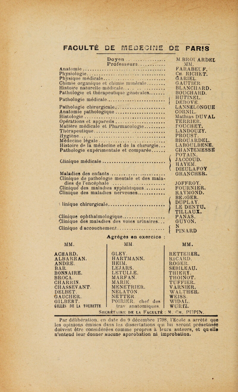 FACULTE DE r\ IP SZm ■jf £ i JE DE PAR!S Doyen . Professeurs. Anatomie... Physiologie. Physique médicale.... Chimie organique et chimie minérale. Histoire naturelle médicale. Pathologie et thérapeutique générales. Pathologie médicale.. Pathologie chirurgicale.... Anatomie pathologique. Histologie... Opérations et appareils... Matière médicale et Pharmacologie. Thérapeutique.... Hygiène.. ..... Médecine légale. Histoire de la médecine et de la chirurgie... Pathologie expérimentale et comparée. Clinique médicale. Maladies des enfants.. Clinique de pathologie mentale et des mala¬ dies de l’encéphale . .. Clinique* des maladies syphilitiques.. Clinique des maladies nerveuses.. t Unique chirurgicale. Clinique ophthalmologique....... Clinique des maladies des voies urinaires... Clinique d accouchement.... Agrégés en exercice : MM. MM. M B ROT A R DEL MM. FAR ABEL F. Ch. RICHET. GARIEL. GAUTIER BLANCILARD. BOUCHARD. ( HUTINEL. | DE P,O VE. LANNELONGUE CORN IL. Mathias DU VAL TERRIER. POUCHET. LANDOUZY. PROUST. BROUARDEL. LABOULBENE. CHANTEMESSE / POT AIN. \ JACCOUD. HAYEM. ( DIEULAFOY GRANCHER. JOFFROY. FOURNIER. RAYMOND. (BERGER. DUPLAY. LE DENTU. TILLAUX. PANAS. GUYON. f N ( PINARD MM. ACHARD. ALBARRAN. ANDRE. BAR. BONNÀIRE. BROCA. CHARRIN. CHASSEVANT. DELBET. GAUCHER. GILBERT. GILLES DE LA TOL’IIETTE GLEY. HARTMANN. HE1M. LEJARS. LETULLE. MARFAN. MARIE. MENETRIER. NELATON. NETTER. POIRIER, chef des trav anatomiques. Secrétaire de la Faculté : RETTERER. RICARD. ROGER. SEBILEAU. THIERY. THOINOT. TUFFIER. VARNIER. WALTHER. WEISS. W1DAL. WURTZ. M. Ch. PUPIN. Par délibération, en date du 9 décembre 1798, l'Ecole a arrêté que les opinions émises dans les dissertations qui lui seront présetnsée doivent être considérées comme propres à leurs auteurs, et quelle n’entend leur donner aucune apnrobation ni improbation.