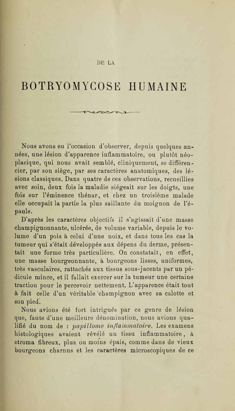 BOTRYOMYCOSE HUMAINE Nous avons eu l’occasion d’observer, depuis quelques an¬ nées, une lésion d’apparence inflammatoire, ou plutôt néo¬ plasique, qui nous avait semblé, cliniquement, se différen¬ cier, par son siège, par ses caractères anatomiques, des lé¬ sions classiques. Dans quatre de ces observations, recueillies avec soin, deux fois la maladie siégeait sur les doigts, une fois sur l’éminence thénar, et chez un troisième malade elle occupait la partie la plus saillante du moignon de l’é¬ paule. D’après les caractères objectifs il s’agissait d’une masse champignonnante, ulcérée, de volume variable, depuis le vo¬ lume d’un pois à celui d’une noix, et dans tous les cas la tumeur qui s’était développée aux dépens du derme, présen¬ tait une forme très particulière. On constatait, en effet, une masse bourgeonnante, à bourgeons lisses, uniformes, très vasculaires, rattachés aux tissus sous-jacents par un pé¬ dicule mince, et il fallait exercer sur la tumeur une certaine traction pour le percevoir nettement. L’apparence était tout à fait celle d’un véritable 'champignon avec sa calotte et son pied. Nous avions été fort intrigués par ce genre de lésion que, faute d’une meilleure dénomination, nous avions qua¬ lifié du nom de : papillome inflammatoire. Les examens histologiques avaient révélé un tissu inflammatoire, à stroma fibreux, plus ou moins épais, comme dans de vieux bourgeons charnus et les caractères microscopiques de ce