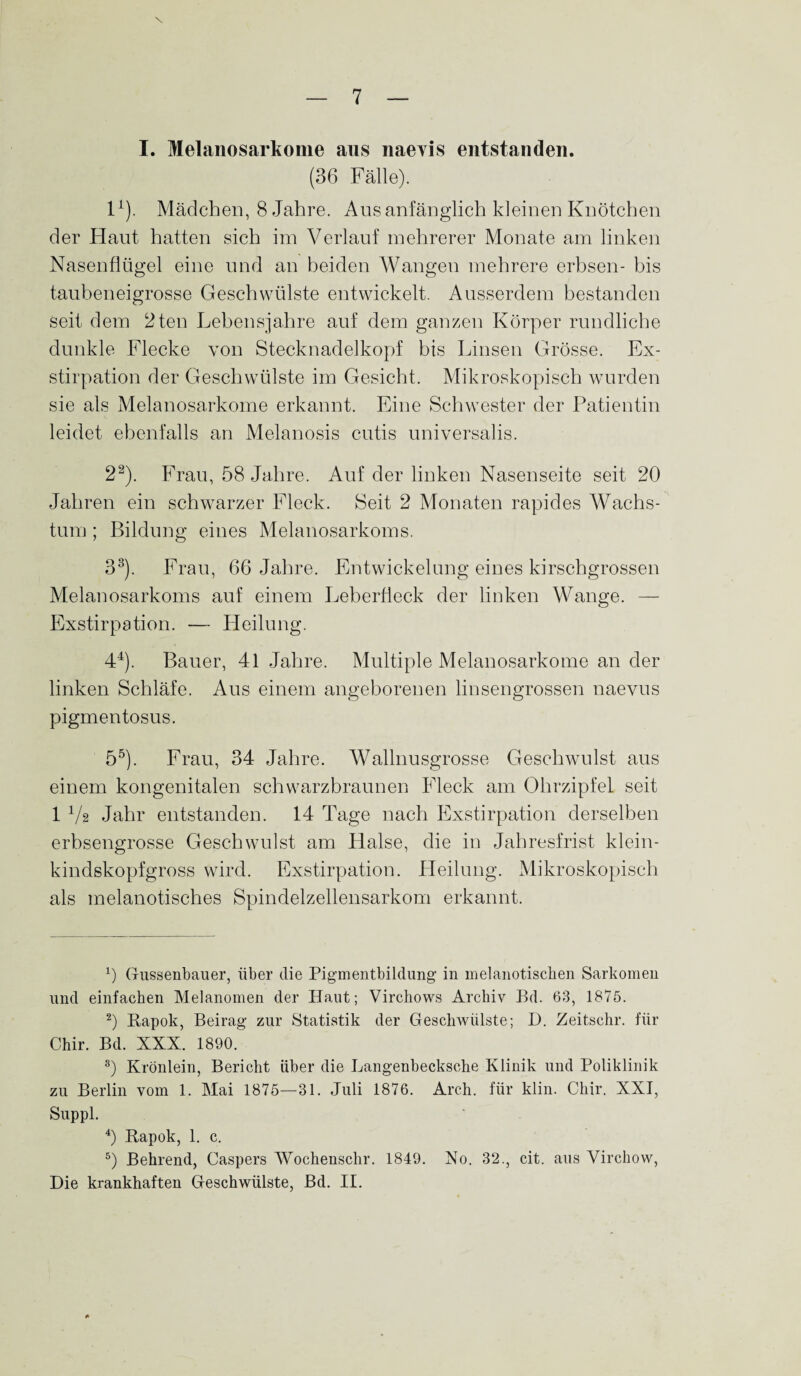 \ I. Melanosarkome aus naevis entstanden. (36 Fälle). I1). Mädchen, 8 Jahre. Aus anfänglich kleinen Knötchen der Haut hatten sich im Verlauf mehrerer Monate am linken Nasenflügel eine und an beiden Wangen mehrere erbsen- bis taubeneigrosse Geschwülste entwickelt. Ausserdem bestanden seit dem 2ten Lebensjahre auf dem ganzen Körper rundliche dunkle Flecke von Stecknadelkopf bis Linsen Grösse. Ex¬ stirpation der Geschwülste im Gesicht. Mikroskopisch wurden sie als Melanosarkome erkannt. Eine Schwester der Patientin leidet ebenfalls an Melanosis cutis universalis. 22). Frau, 58 Jahre. Auf der linken Nasenseite seit 20 Jahren ein schwarzer Fleck. Seit 2 Monaten rapides Wachs¬ tum ; Bildung eines Melanosarkoms. 33). Frau, 66 Jahre. Entwickelung eines kirschgrossen Melanosarkoms auf einem Leberfleck der linken Wange. — Exstirpation. — Heilung. 44). Bauer, 41 Jahre. Multiple Melanosarkome an der linken Schläfe. Aus einem angeborenen linsengrossen naevus pigmentosus. 55). Frau, 34 Jahre. Wallnusgrosse Geschwulst aus einem kongenitalen schwarzbraunen Fleck am Ohrzipfel seit 1 V? Jahr entstanden. 14 Tage nach Exstirpation derselben erbsengrosse Geschwulst am Halse, die in Jahresfrist klein¬ kindskopfgross wird. Exstirpation. Heilung. Mikroskopisch als melanotisches Spindelzellensarkom erkannt. x) Gussenbauer, über die Pigmentbildung in melanotischen Sarkomen und einfachen Melanomen der Haut; Virchows Archiv Bd. 63, 1875. 2) Rapok, Beirag zur Statistik der Geschwülste; D. Zeitschr. für Chir. Bd. XXX. 1890. 3) Krönlein, Bericht über die Langenbecksche Klinik und Poliklinik zu Berlin vom 1. Mai 1875—31. Juli 1876. Arch. für klin. Chir. XXI, Suppl. 4) Rapok, 1. c. 5) Behrend, Caspers Wochenschr. 1849. No. 32., cit. aus Yirchow, Die krankhaften Geschwülste, Bd. II.