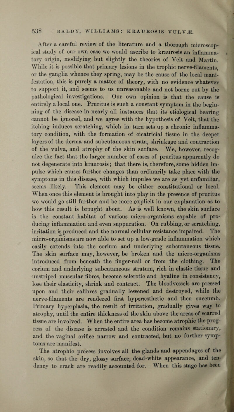 After a careful review of the literature and a thorough microscop¬ ical study of our own case we would ascribe to kraurosis an inflamma¬ tory origin, modifying but slightly the theories of Veit and Martin. While it is possible that primary lesions in the trophic nerve-filaments, or the ganglia whence they spring, may be the cause of the local mani¬ festation, this is purely a matter of theory, with no evidence whatever to support it, and seems to us unreasonable and not borne out by the pathological investigations. Our own opinion is that the cause is entirely a local one. Pruritus is such a constant symptom in the begin¬ ning of the disease in nearly all instances that its etiological bearing cannot be ignored, and we agree with the hypothesis of Veit, that the itching induces scratching, which in turn sets up a chronic inflamma¬ tory condition, with the formation of cicatricial tissue in the deeper layers of the derma and subcutaneous strata, shrinkage and contraction of the vulva, and atrophy of the skin surface. We, however, recog¬ nize the fact that the larger number of cases of pruritus apparently do not degenerate into kraurosis; that there is, therefore, some hidden im¬ pulse which causes further changes than ordinarily take place with the symptoms in this disease, with which impulse we are as yet unfamiliar, seems likely. This element may be either constitutional or local. When once this element is brought into play in the presence of pruritus we would go still further and be more explicit in our explanation as to how this result is brought about. As is well known, the skin surface is the constant habitat of various micro-organisms capable of pro¬ ducing inflammation and even suppuration. On rubbing, or scratching, irritation is produced and the normal cellular resistance impaired. The micro-organisms are now able to set up a low-grade inflammation which easily extends into the corium and underlying subcutaneous tissue. The skin surface may, however, be broken and the micro-organisms introduced from beneath the finger-nail or from the clothing. The corium and underlying subcutaneous stratum, rich in elastic tissue and unstriped muscular fibres, become sclerotic and hyaline in consistency, lose their elasticity, shrink and contract. The bloodvessels are pressed upon and their calibres gradually lessened and destroyed, while the nerve-filaments are rendered first hypersesthetic and then succumb. Primary hyperplasia, the result of irritation, gradually gives way to atrophy, until the entire thickness of the skin above the areas of scarred tissue are involved. When the entire area has become atrophic the prog¬ ress of the disease is arrested and the condition remains stationary, and the vaginal orifice narrow and contracted, but no further symp¬ toms are manifest. The atrophic process involves all the glands and appendages of the skin, so that the dry, glossy surface, dead-white appearance, and ten¬ dency to crack are readily accounted for. When this stage has been
